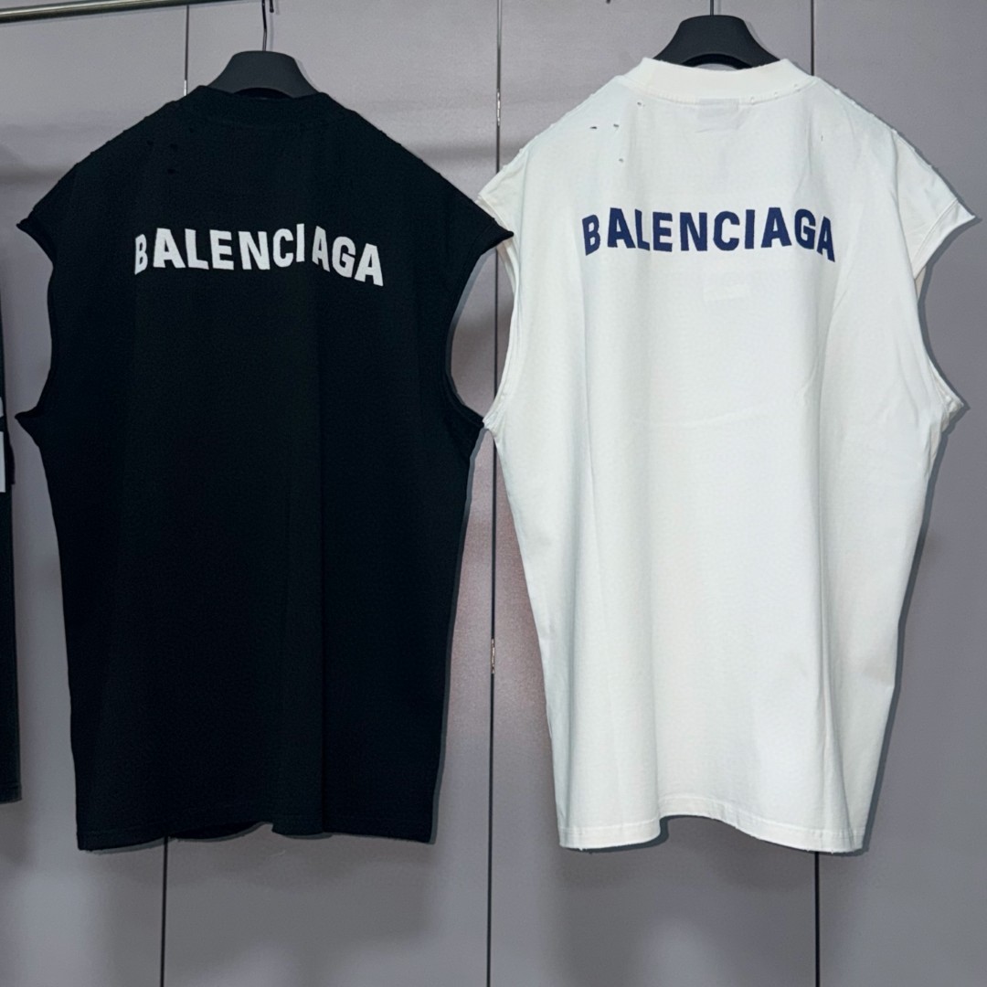 Balenciaga 巴黎世家 破洞经典字母logo无袖上衣 背心 短袖 T恤 夏季 白色 黑色 A0
