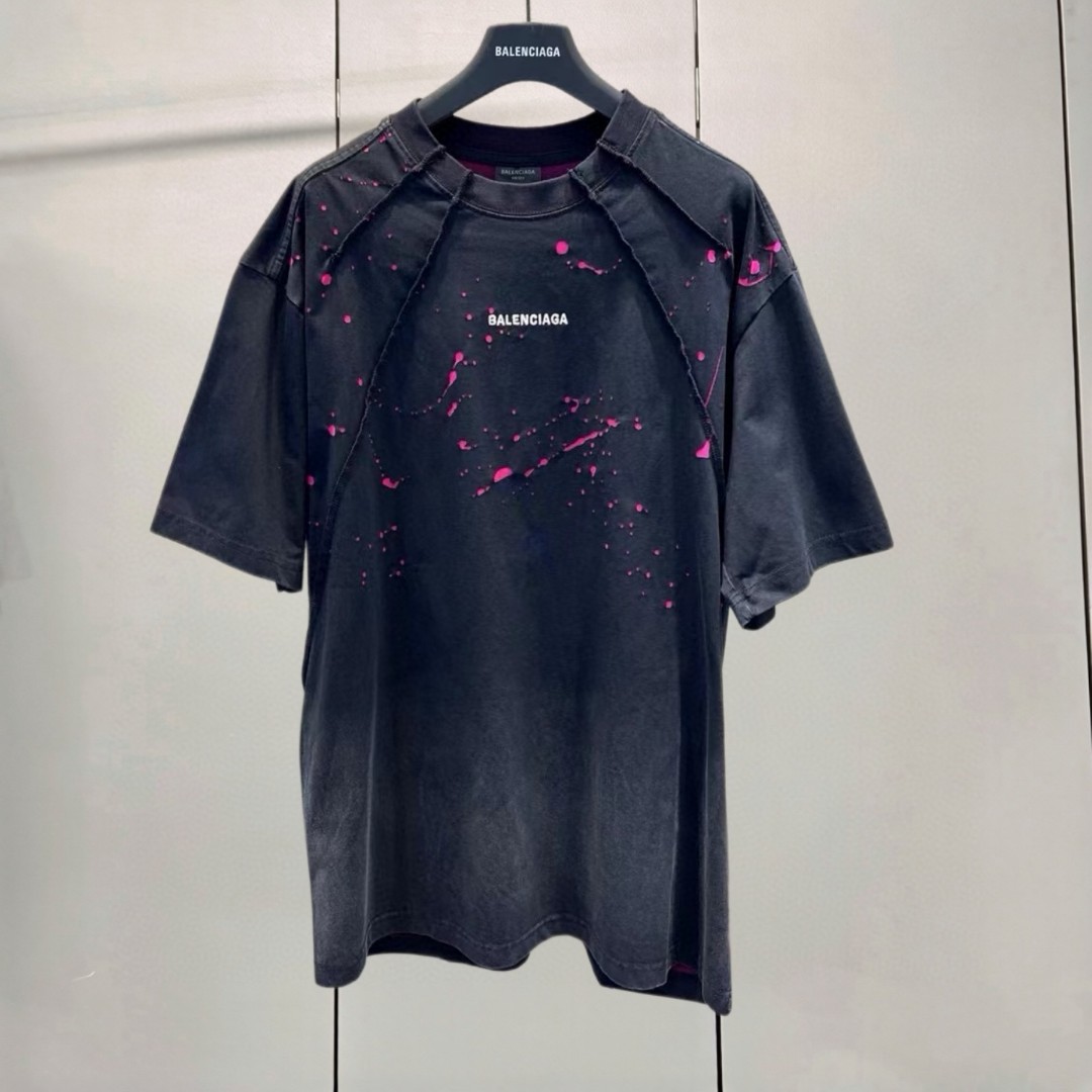 Balenciaga 巴黎世家 古废土风前后刺绣字母拼接圆领短袖 T恤 圆领 夏季 黑色 A0 
