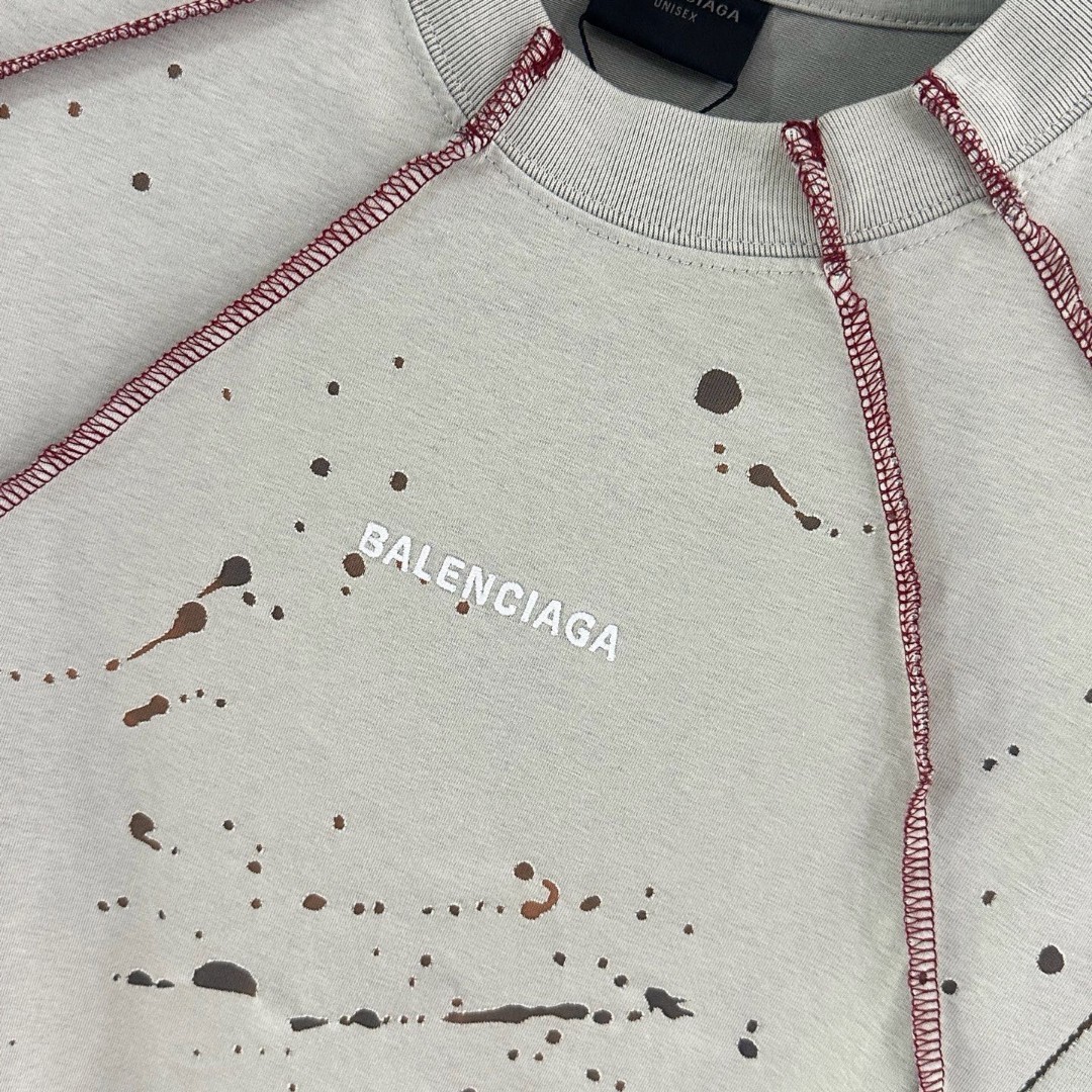Balenciaga 巴黎世家 古废土风前后刺绣字母拼接圆领短袖 T恤 圆领 夏季 灰色 A0 