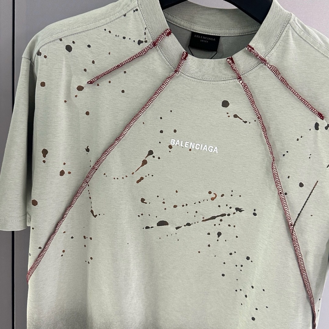 Balenciaga 巴黎世家 古废土风前后刺绣字母拼接圆领短袖 T恤 圆领 夏季 灰色 A0 