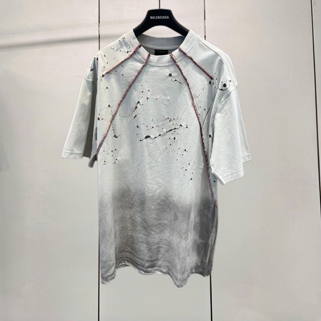 Balenciaga 巴黎世家 古废土风前后刺绣字母拼接圆领短袖 T恤 圆领 夏季 灰色 A0 