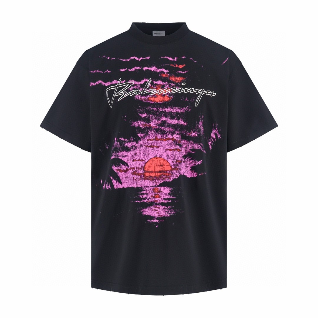 Balenciaga 巴黎世家 夏威夷粉色夕阳圆领短袖 T恤 圆领 夏季 黑色 A0 A00497TUVO91000