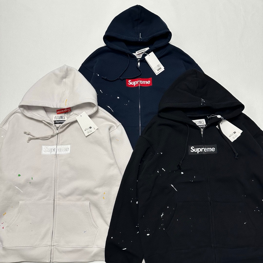 Supreme MM6 Maison Margiela 联名款 Box Logo Zip Up Hooded Sw泼墨刺绣拉链连帽卫衣 帽衫 外套 男女同款 蓝色 白色 黑色 SUP-SS26-100