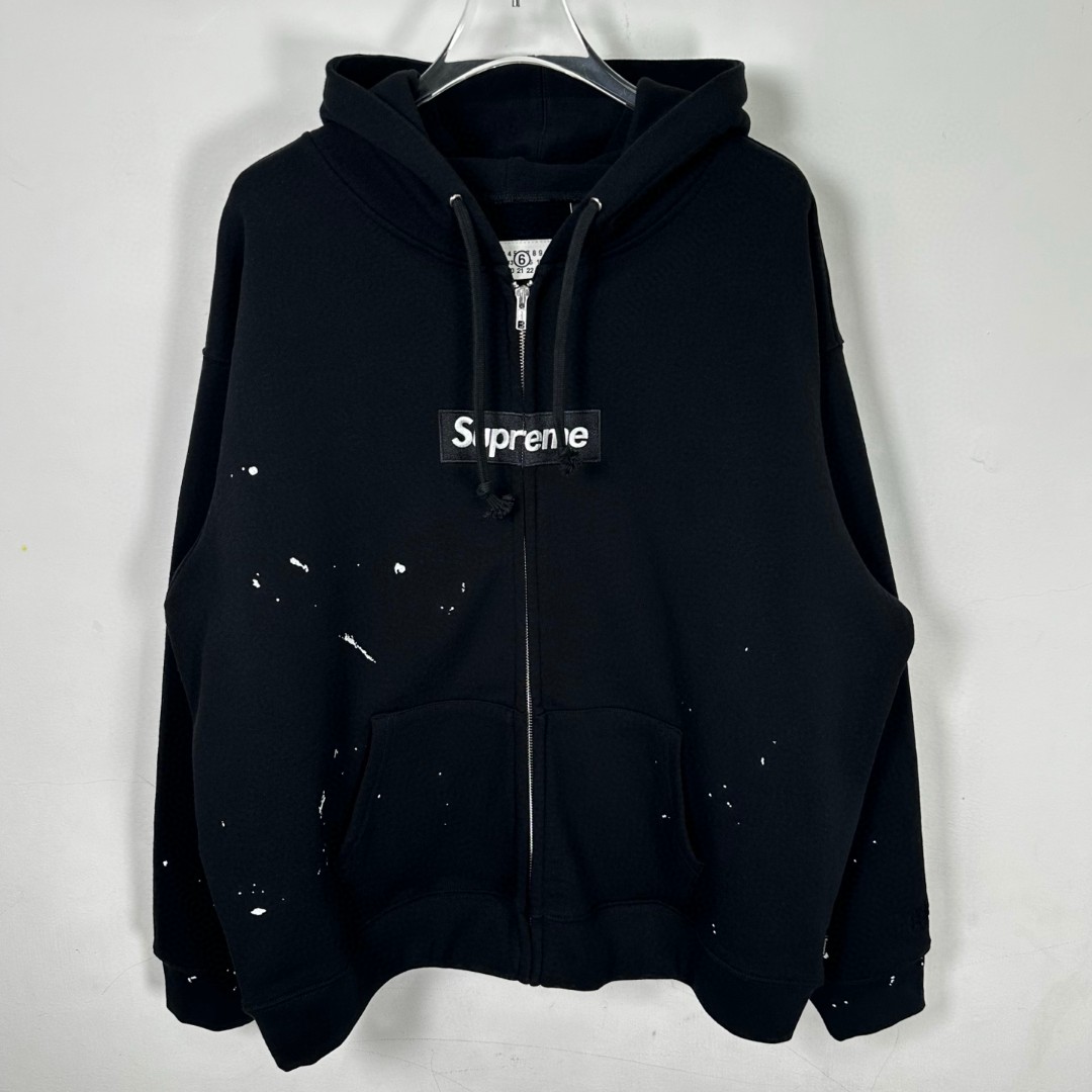 Supreme MM6 Maison Margiela 联名款 Box Logo Zip Up Hooded Sw泼墨刺绣拉链连帽卫衣 帽衫 外套 男女同款 蓝色 白色 黑色 SUP-SS26-100