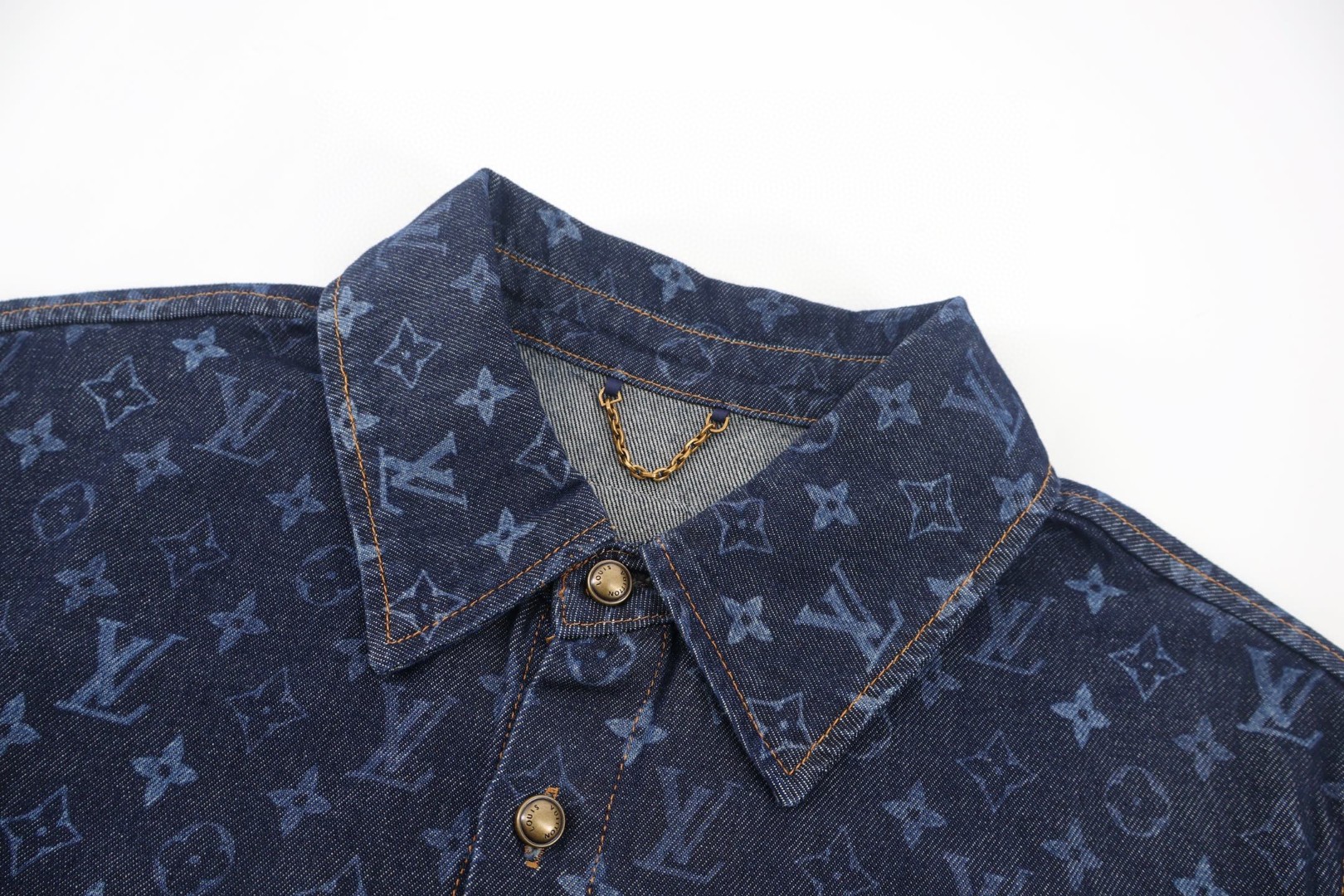 LOUIS VUITTON 路易威登 LV 满印提花牛仔衬衫 短袖 牛仔衣 外套 蓝色 B0 1AK7C7