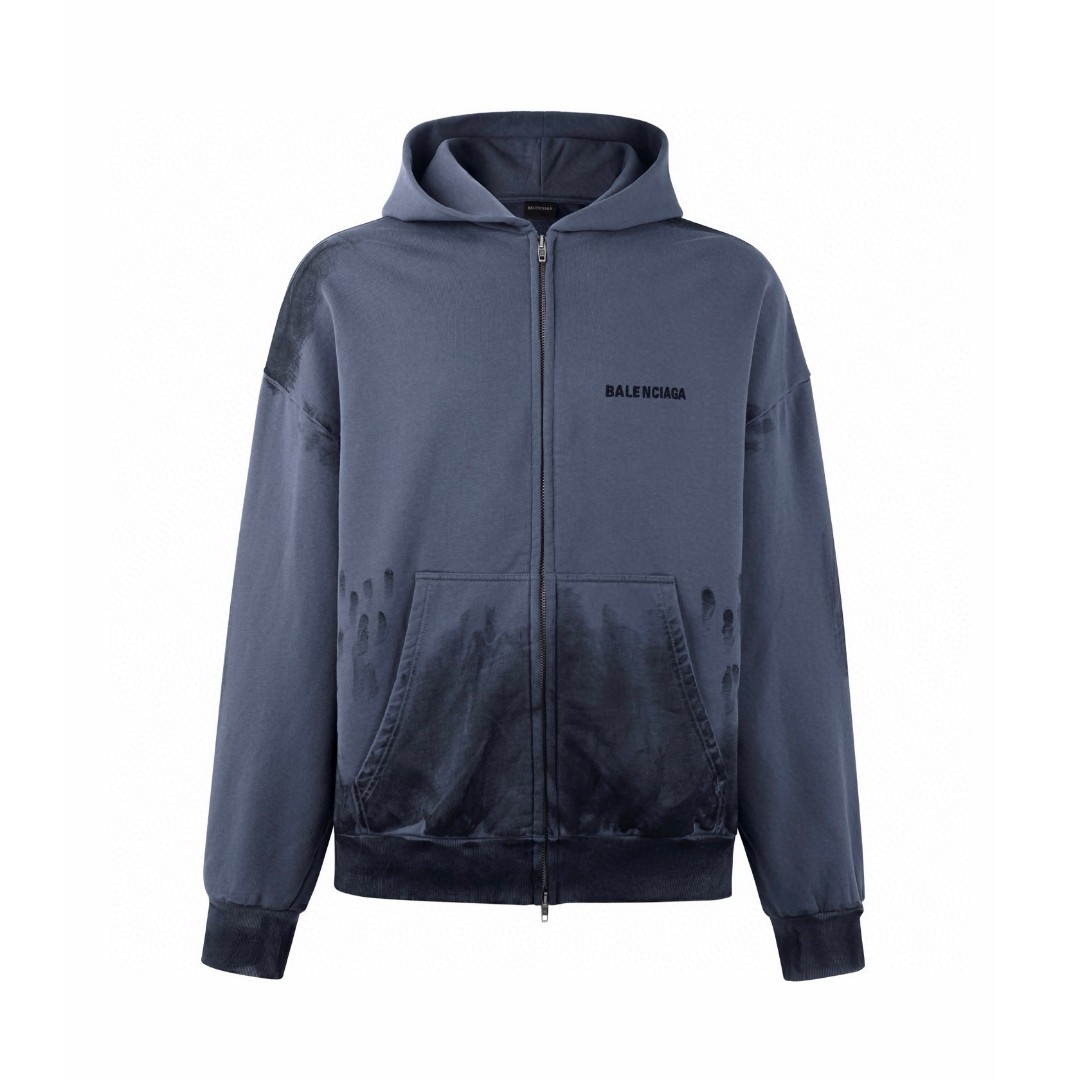 Balenciaga 巴黎世家 刺绣手绘涂鸦拉链连帽卫衣 外套 长袖 蓝色 B0 803264TTVG13364