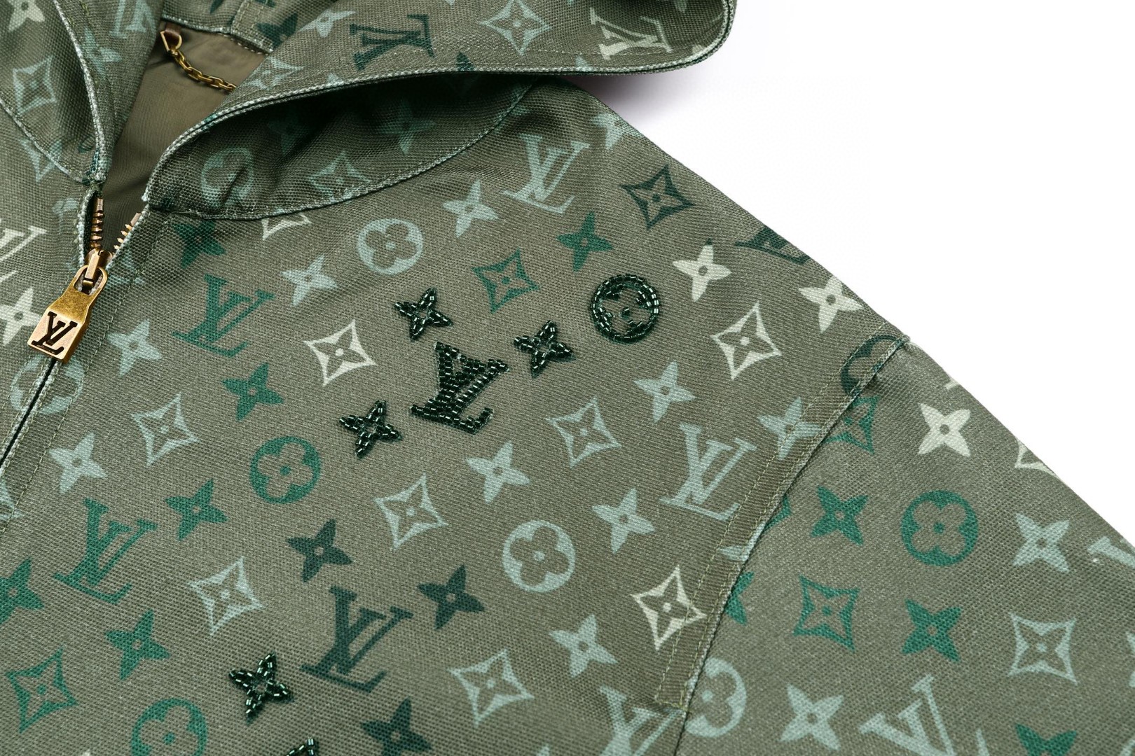 LOUIS VUITTON 路易威登 迷彩老花满印标识拉链连帽卫衣 帽衫 外套 长袖 绿色 C0 1AJBAK