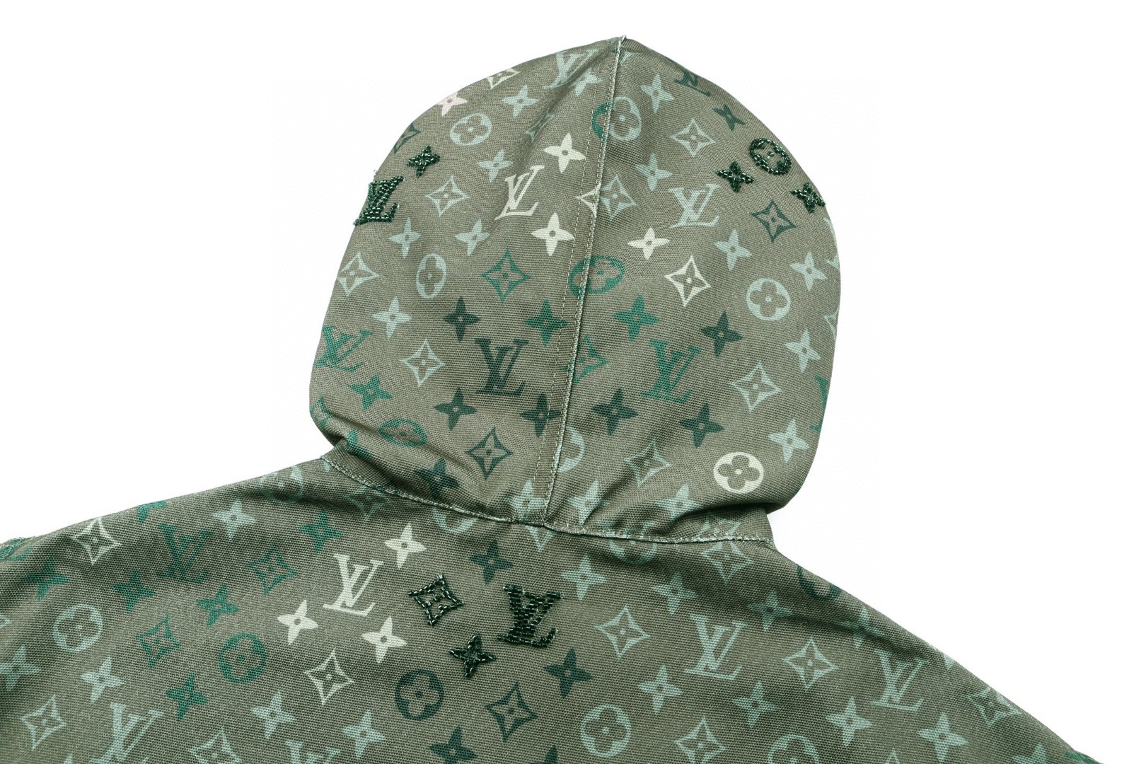 LOUIS VUITTON 路易威登 迷彩老花满印标识拉链连帽卫衣 帽衫 外套 长袖 绿色 C0 1AJBAK