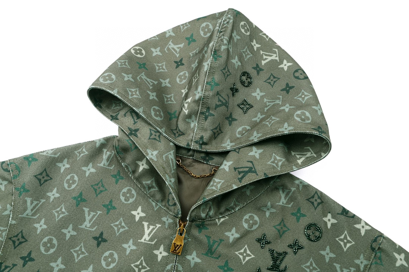 LOUIS VUITTON 路易威登 迷彩老花满印标识拉链连帽卫衣 帽衫 外套 长袖 绿色 C0 1AJBAK