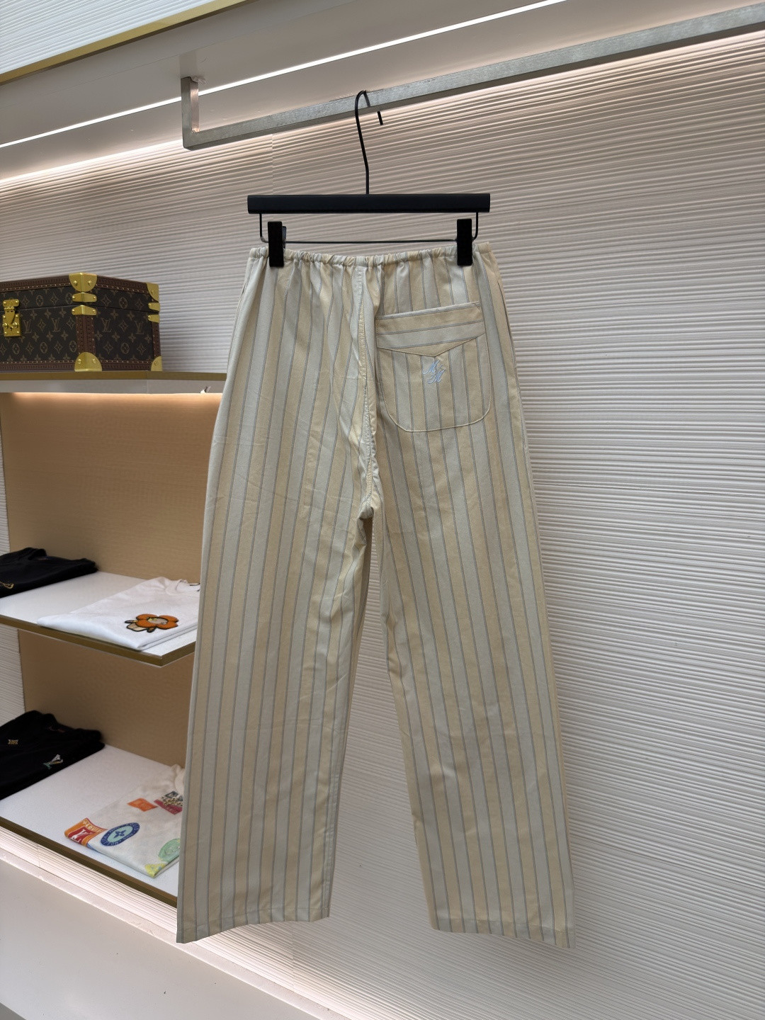 Maison Margiela 马吉拉条纹松紧腰直筒休闲裤 长裤 裤子 蓝灰色 奶杏色 B0 S50KA0713M35725