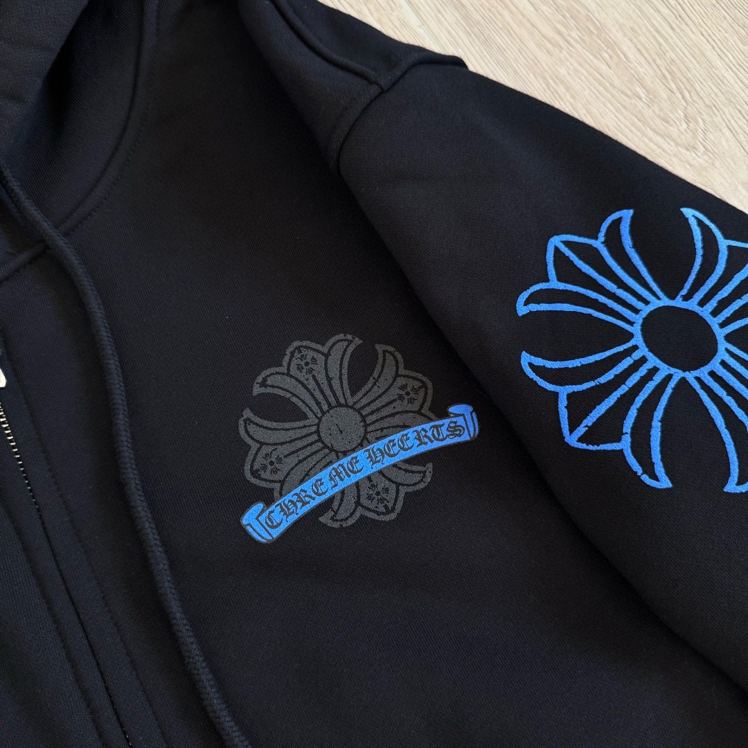 925纯银 Chrome Hearts 克罗心 经典马蹄花臂内里抓绒拉链卫衣 外套 长袖 中古蓝色 破裂 马蹄