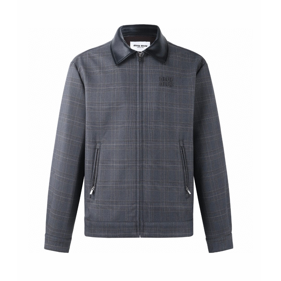 MIU MIU 缪缪 翻领格纹字母刺绣夹克 外套 长袖 灰色 B5 ML1325-174Z-F0480-S-OOO