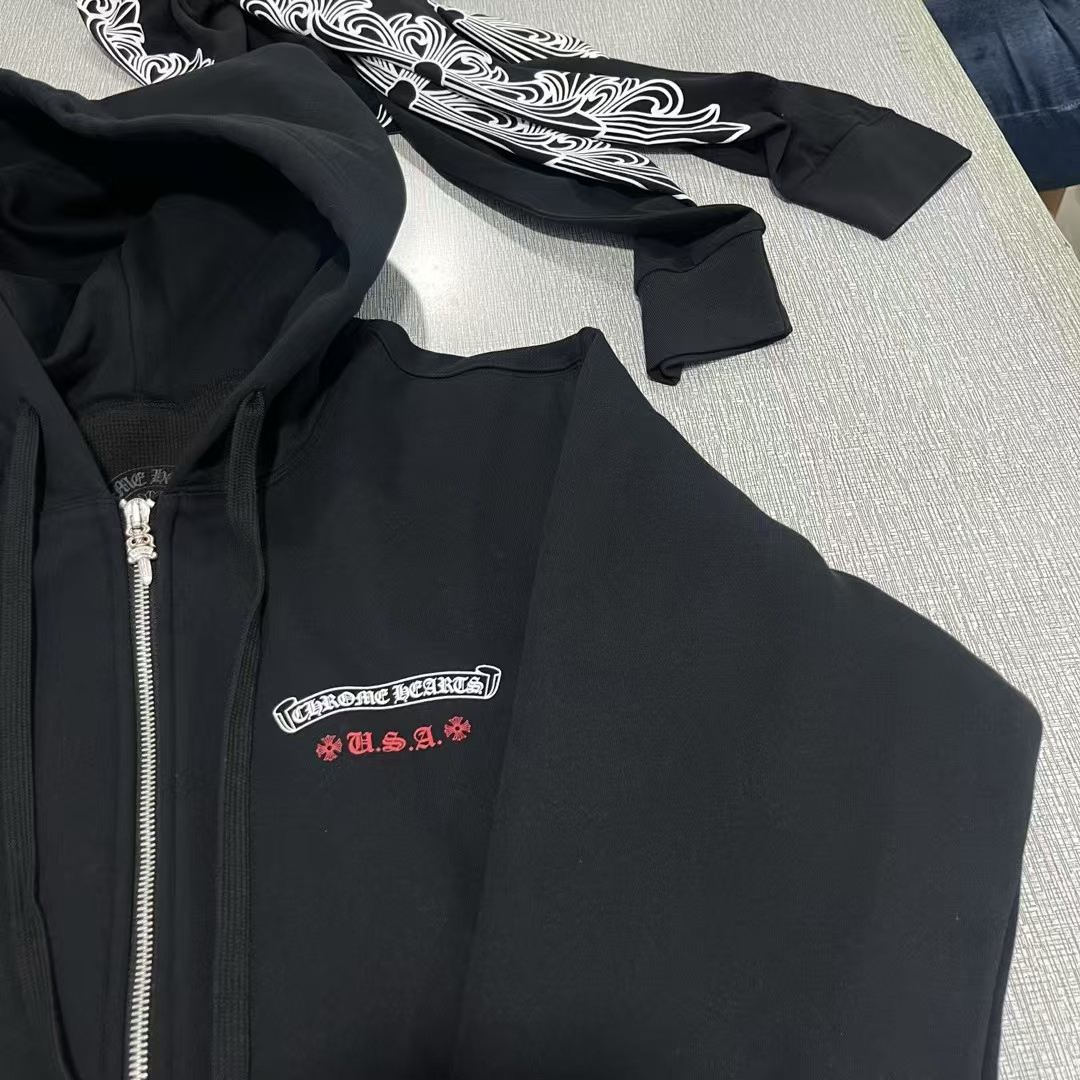 Chrome Hearts  American Flag Hoodie Large 克罗心 华夫内里 经典 印花 拉链卫衣 外套 长袖 男女同款 黑色 美国旗 A5  