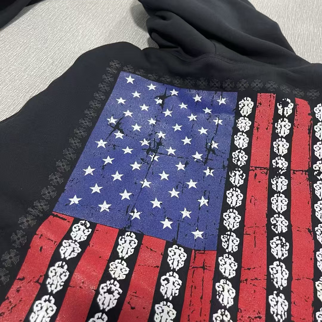 Chrome Hearts  American Flag Hoodie Large 克罗心 华夫内里 经典 印花 拉链卫衣 外套 长袖 男女同款 黑色 美国旗 A5  