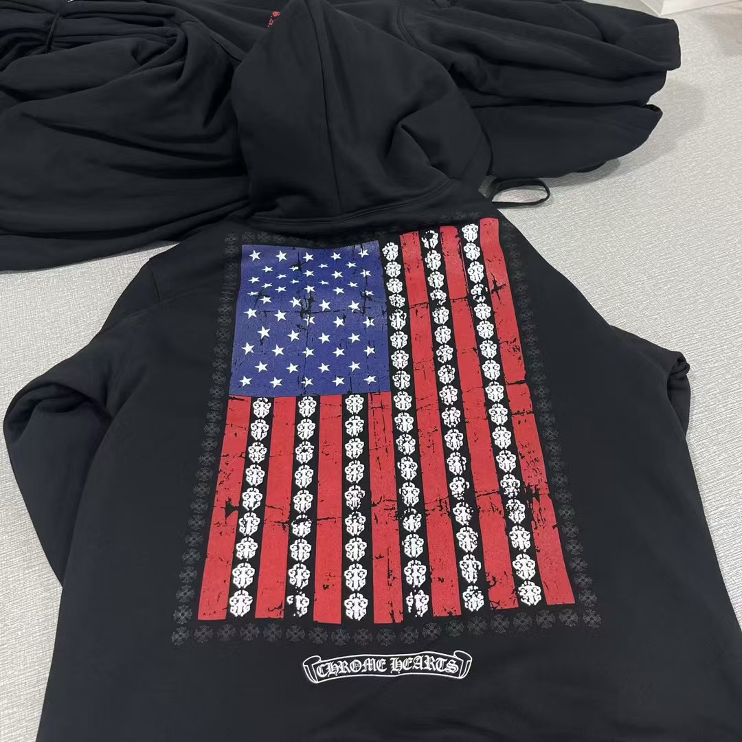 Chrome Hearts  American Flag Hoodie Large 克罗心 华夫内里 经典 印花 拉链卫衣 外套 长袖 男女同款 黑色 美国旗 A5  