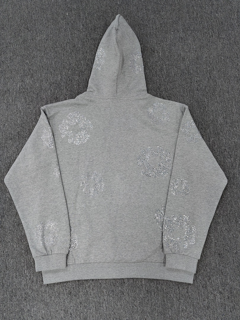 Denim Tears DT 木棉花 花环 图案 发泡  连帽卫衣 灰色水钻-B0