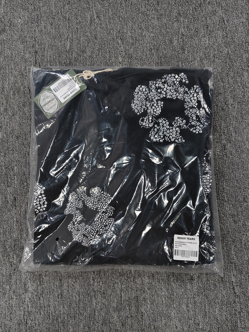 Denim Tears DT 木棉花 花环 图案 发泡  连帽卫衣 黑色水钻-B0