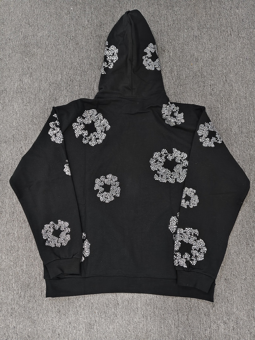 Denim Tears DT 木棉花 花环 图案 发泡  连帽卫衣 黑色水钻-B0