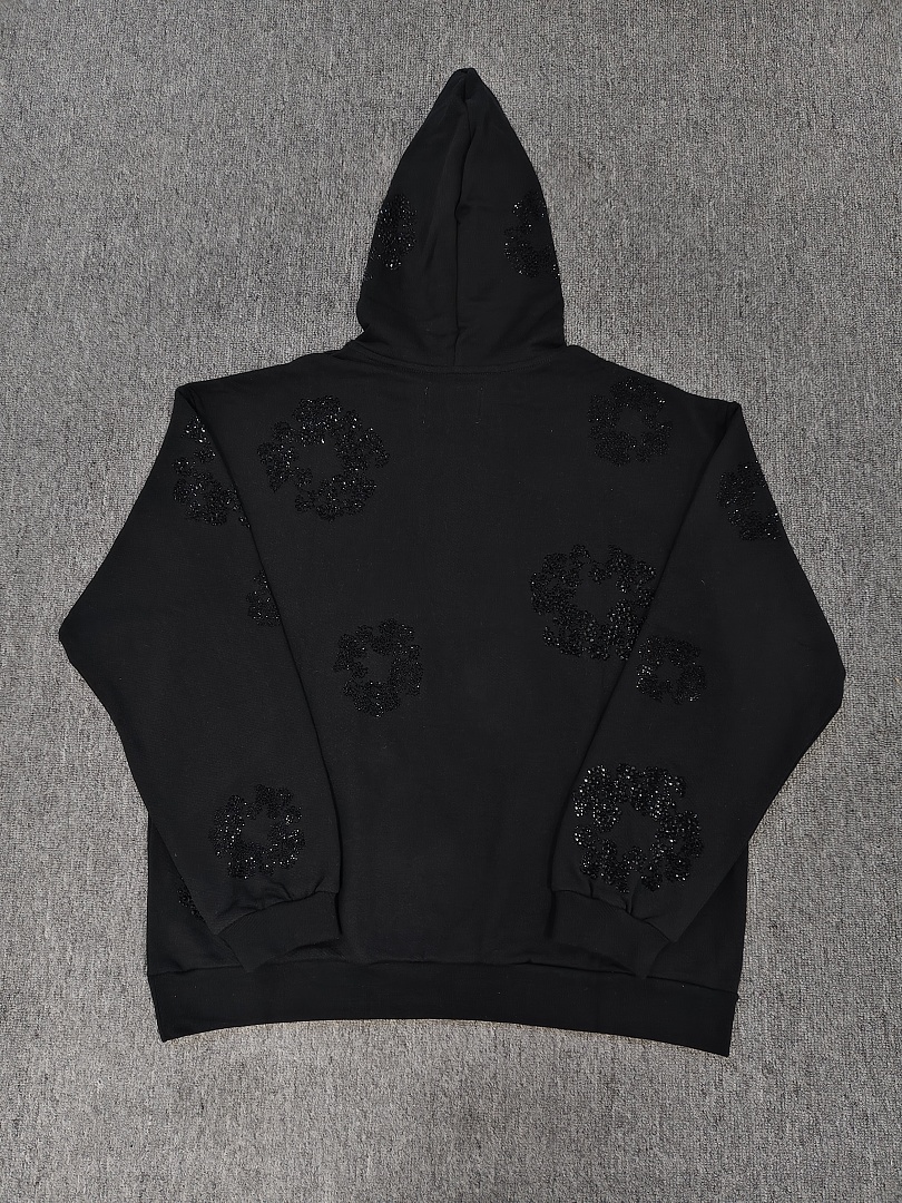 Denim Tears DT 木棉花 花环 图案 发泡  连帽卫衣 黑色 黑水钻-B0