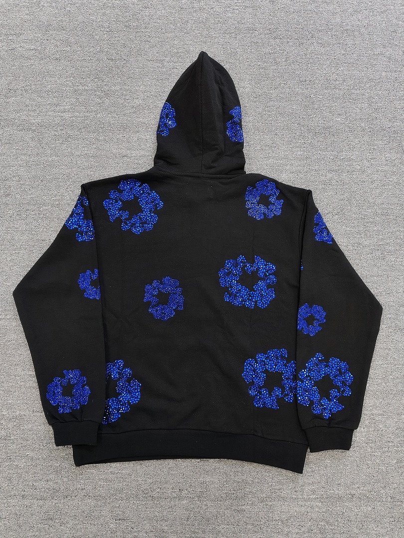 Denim Tears DT 木棉花 花环 图案 发泡  连帽卫衣 黑色 蓝钻-B0