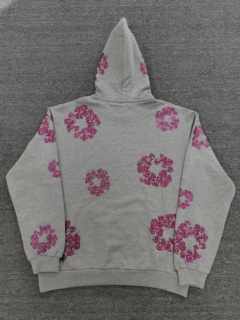 Denim Tears DT 木棉花 花环 图案 发泡  连帽卫衣 灰色 粉钻-B0