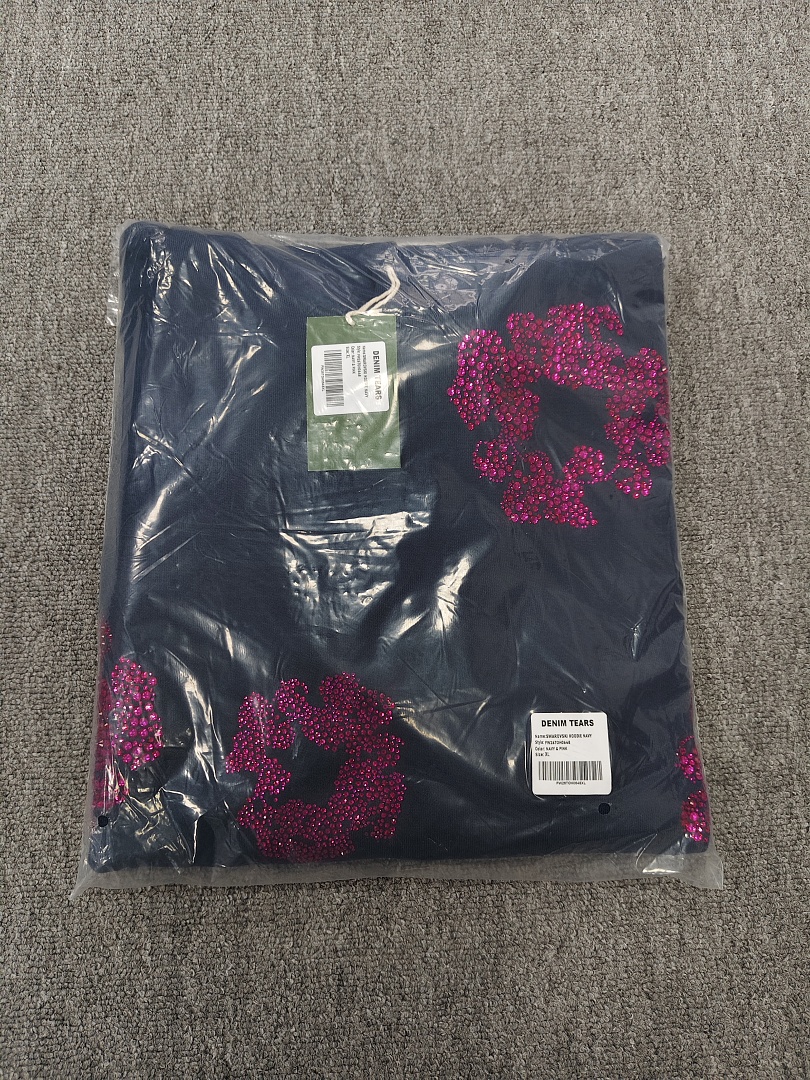 Denim Tears DT 木棉花 花环 图案 发泡  连帽卫衣 藏蓝色 红钻-B0