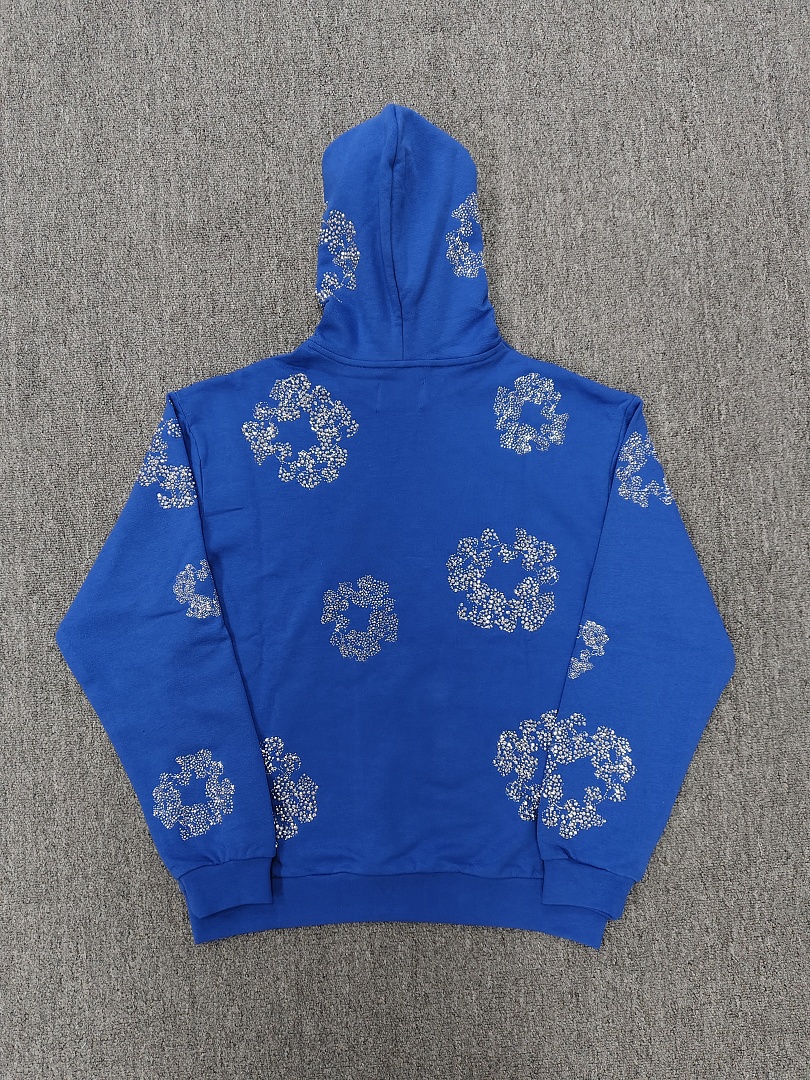 Denim Tears DT 木棉花 花环 图案 发泡  连帽卫衣 蓝色 银钻-B0