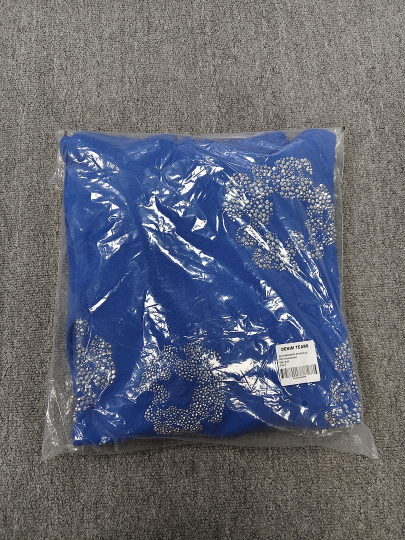 Denim Tears DT 木棉花 花环 图案 发泡  连帽卫衣 蓝色 银钻-B0