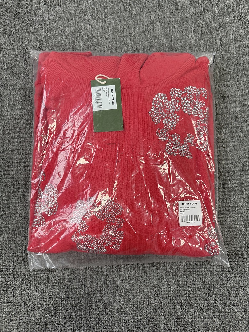 Denim Tears DT 木棉花 花环 图案 发泡  连帽卫衣 红色 银钻-B0