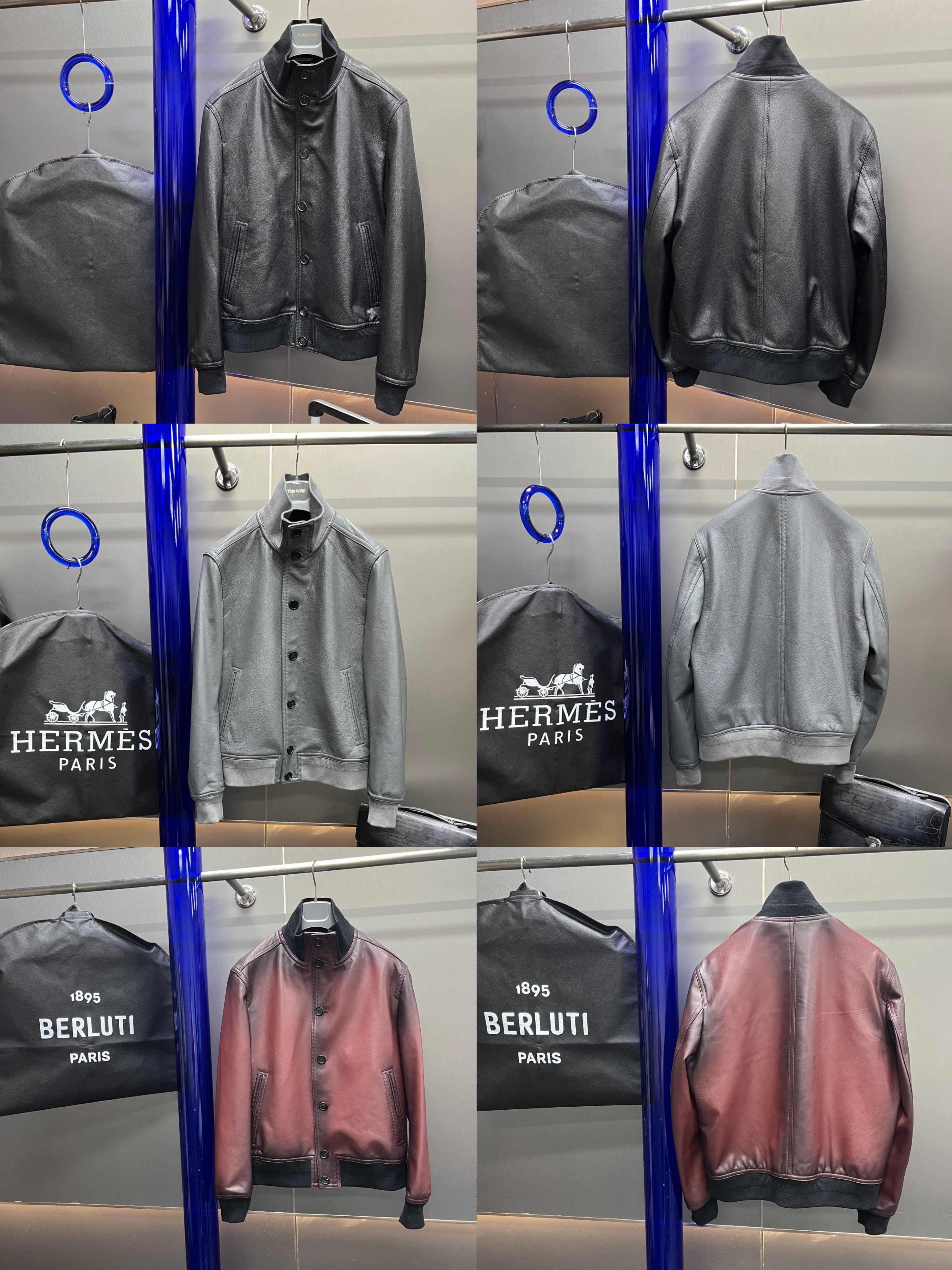 HERMES 爱马仕 立领皮夹克 外套 皮衣 长袖 黑色 灰色 酒红色