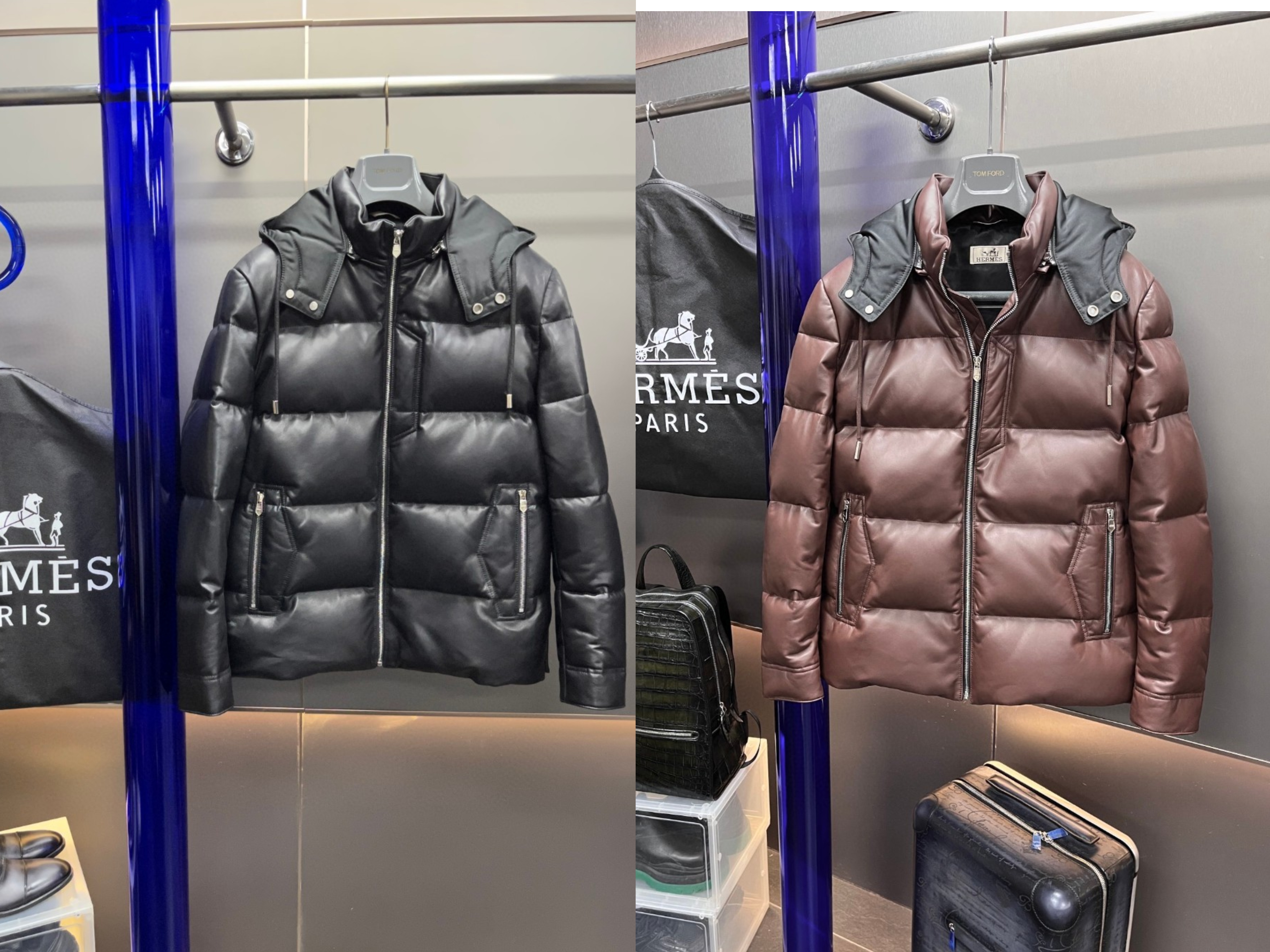 HERMES 爱马仕 连帽拉链真皮羽绒服 外套 夹克 保暖 长袖 黑色 咖色