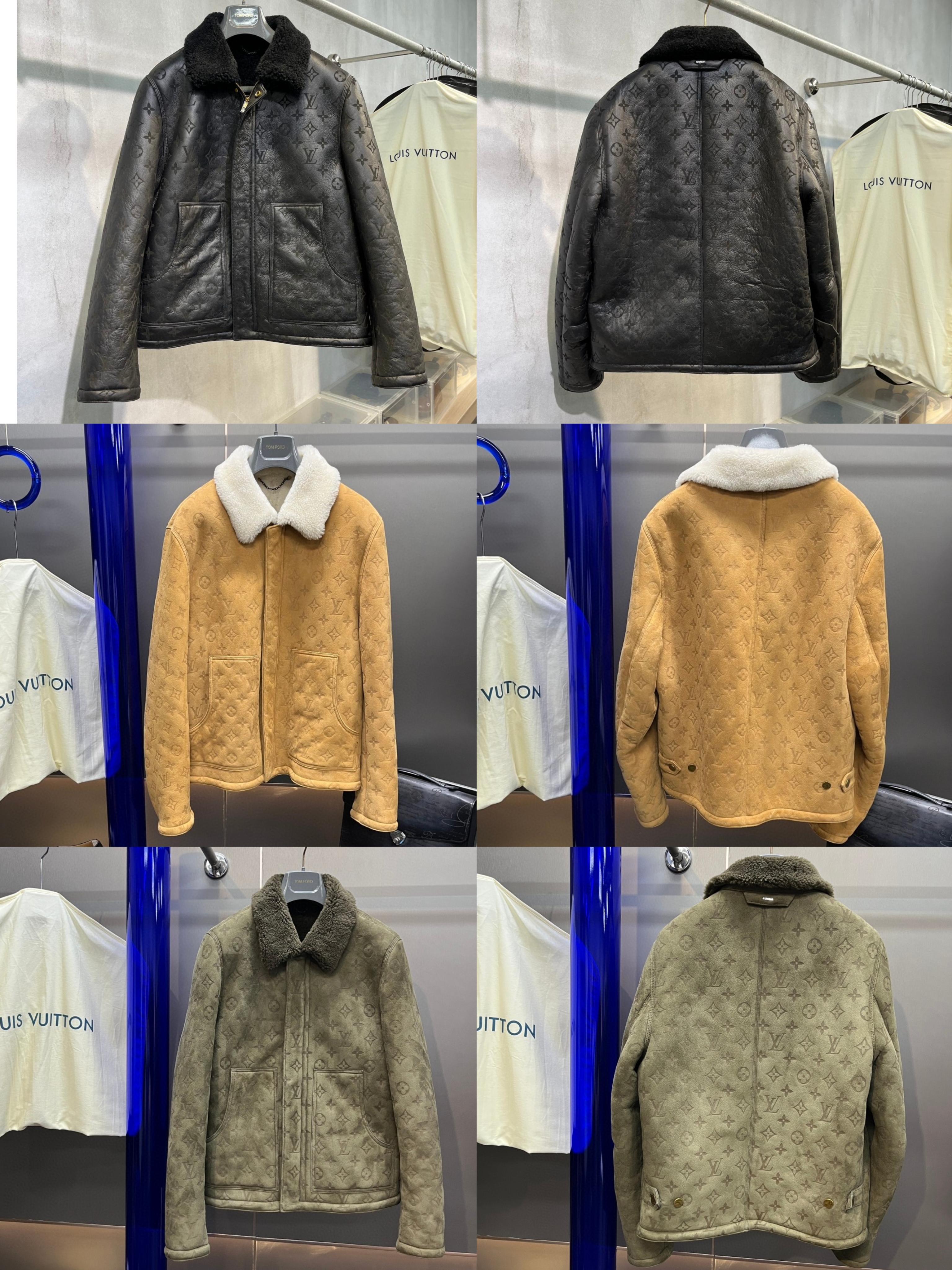 LOUIS VUITTON 路易威登 LV 皮毛一体压纹翻领夹克 外套 保暖 长袖 黑色 棕色 绿色