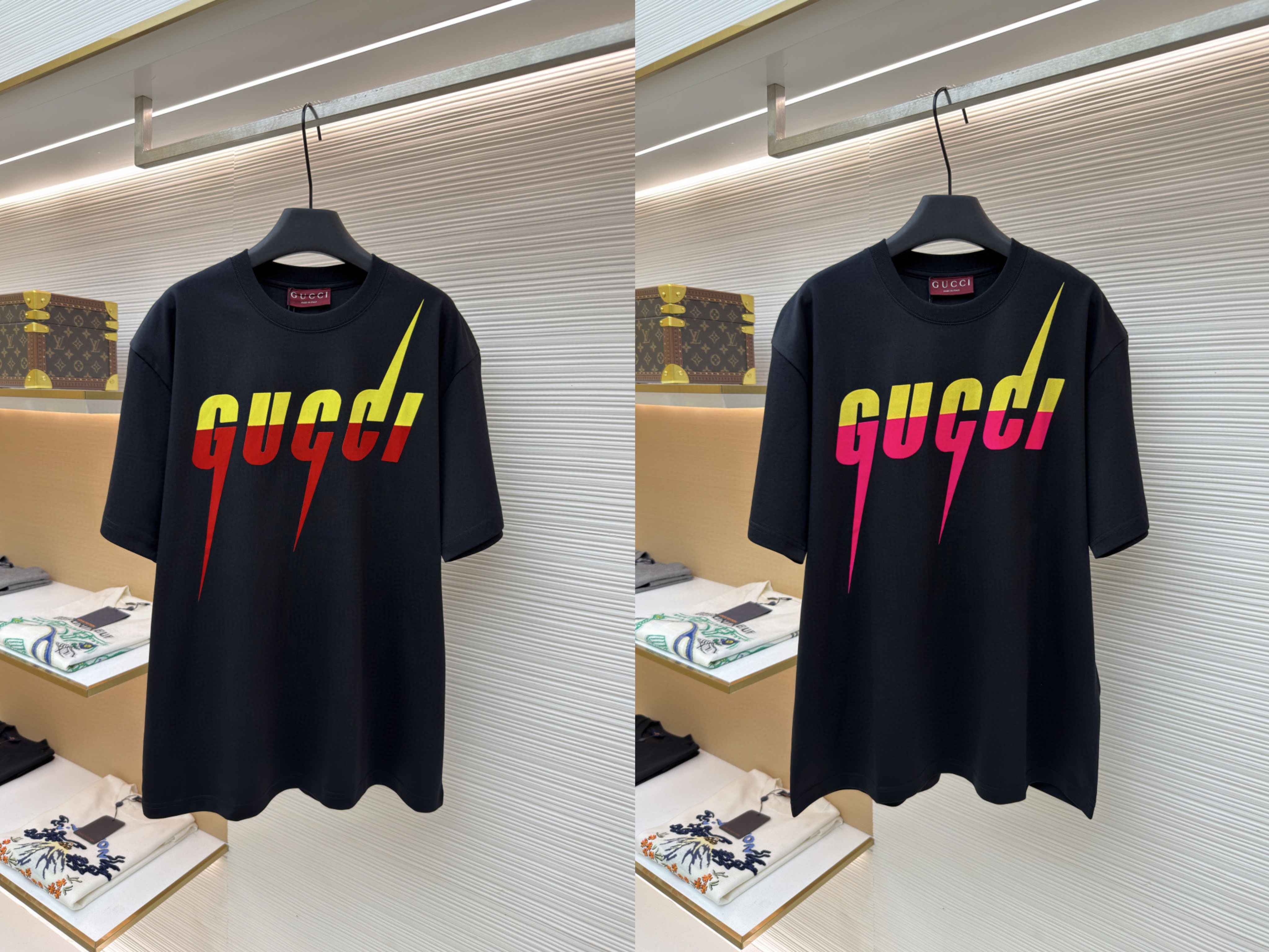 GUCCI 古驰 锋刃字母logo印花 短袖 T恤 圆领 套头 夏季 黑色（黄红） 白色（黄粉）A0 