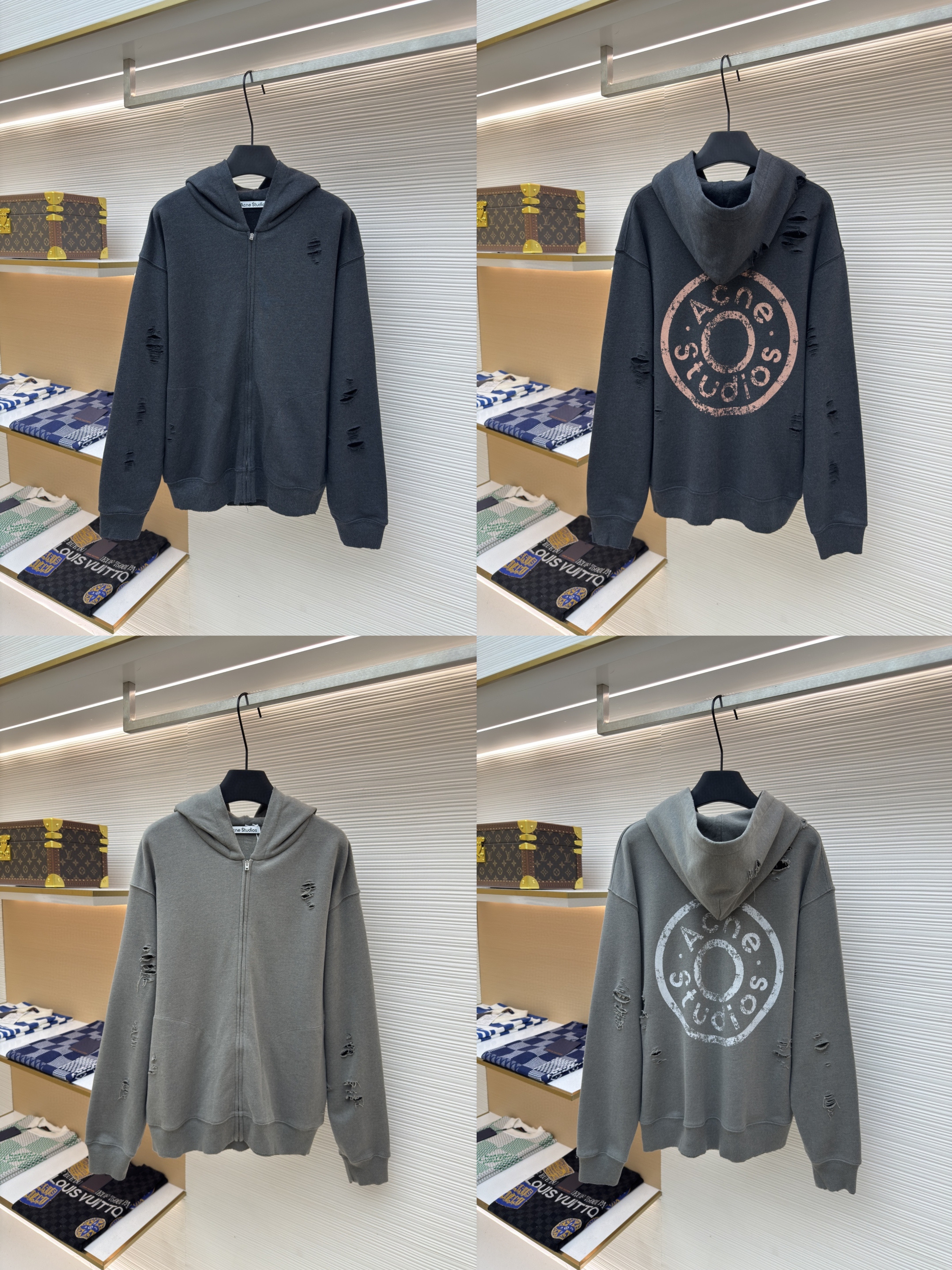 Acne Studios 破洞做旧徽标拉链连帽卫衣 外套 长袖 黑色 灰绿色 B0 CI0183-975