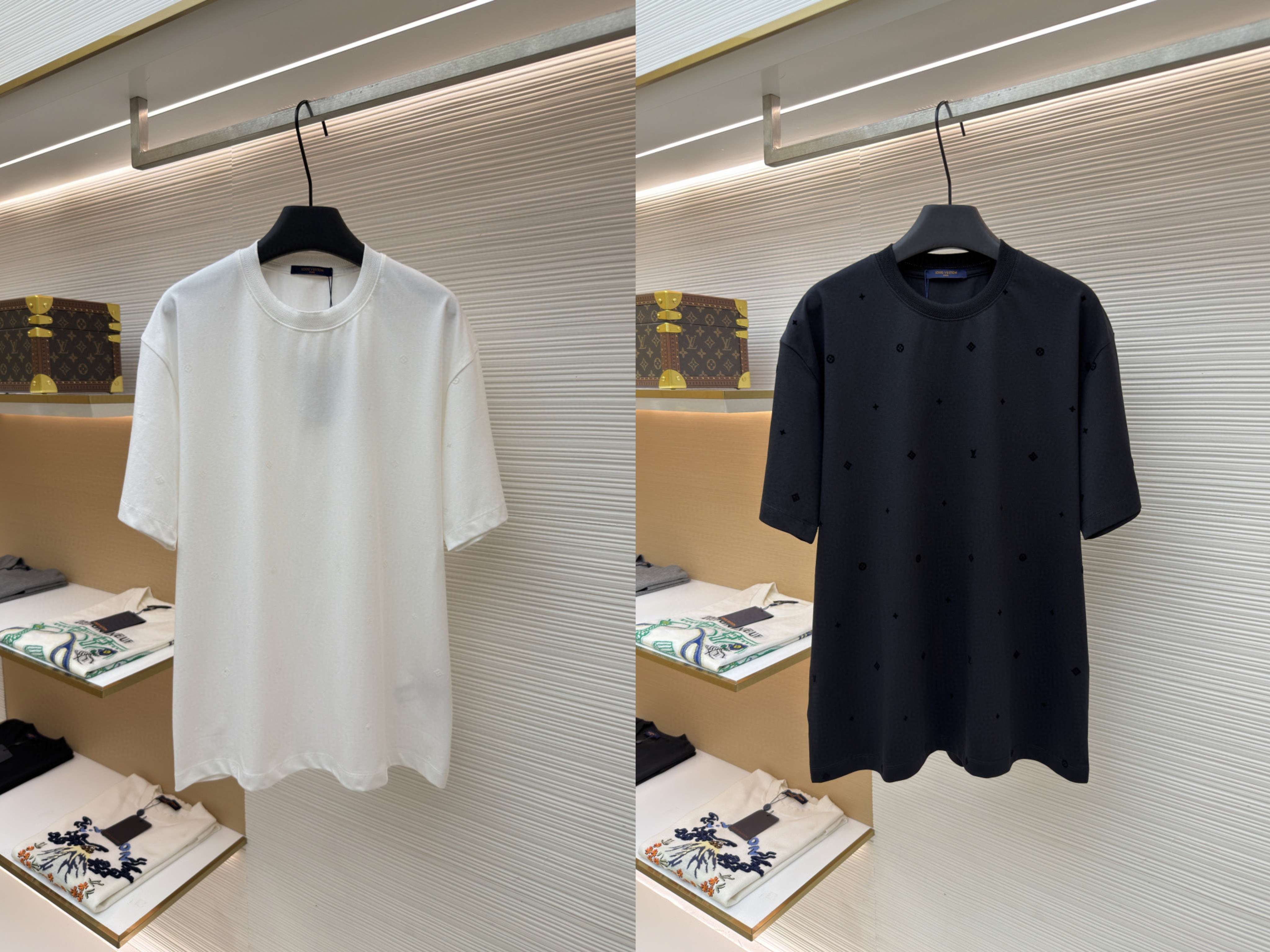 LOUIS VUITTON 路易威登 LV 植绒印花暗纹圆领T恤 短袖 白色 黑色 A0 