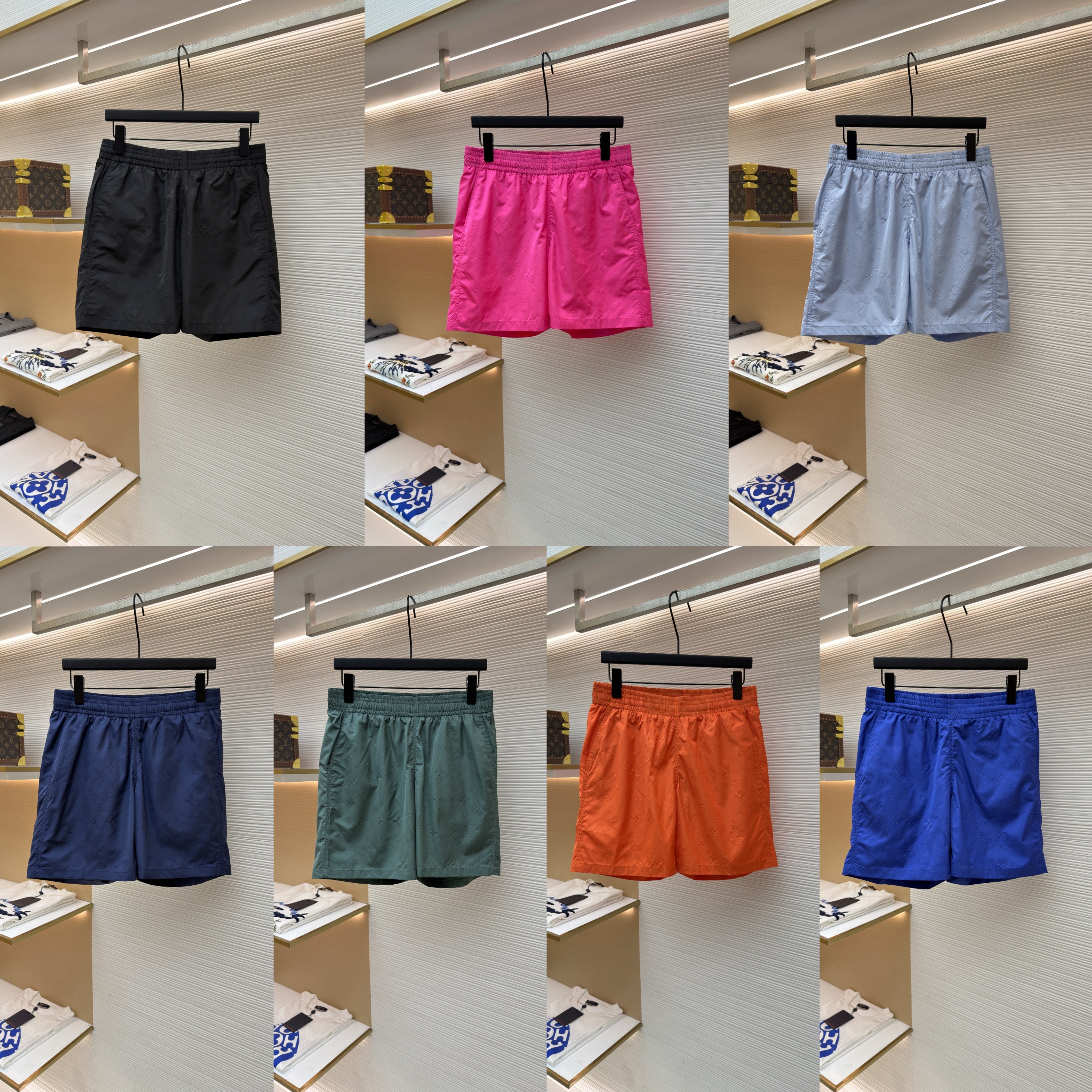 LOUIS VUITTON 路易威登 暗纹老花松紧腰沙滩短裤 五分裤 休闲裤 裤子 黑色 粉色 浅蓝色 海军蓝 绿色 橙色 蓝色 A0 1A7Y0P