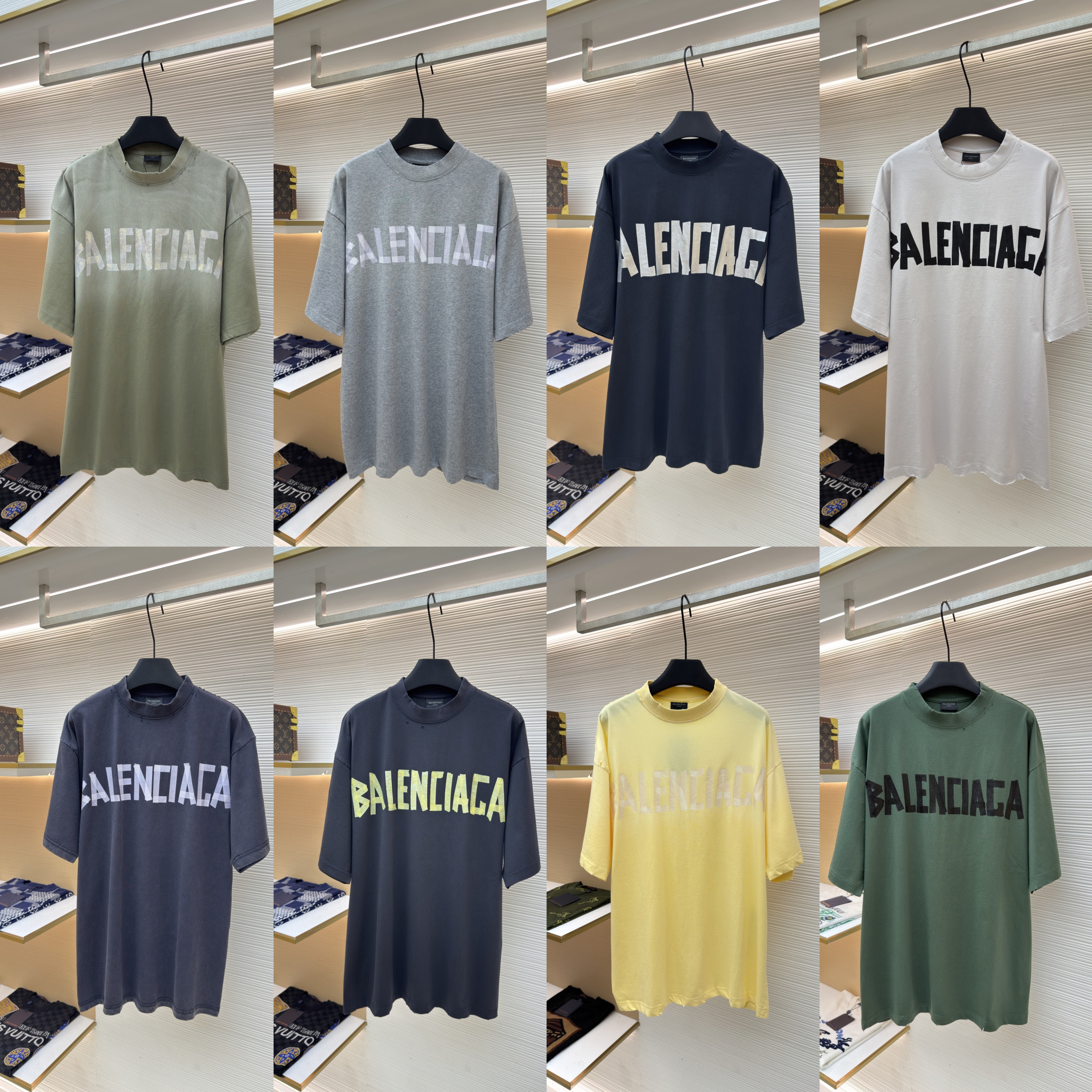 Balenciaga 巴黎世家 美纹纸胶带短袖 T恤 圆领 夏季 绿色 灰色 黑色 白色 做旧黑 黄黑色 黑色 深绿色 A0 739784TOVA92942