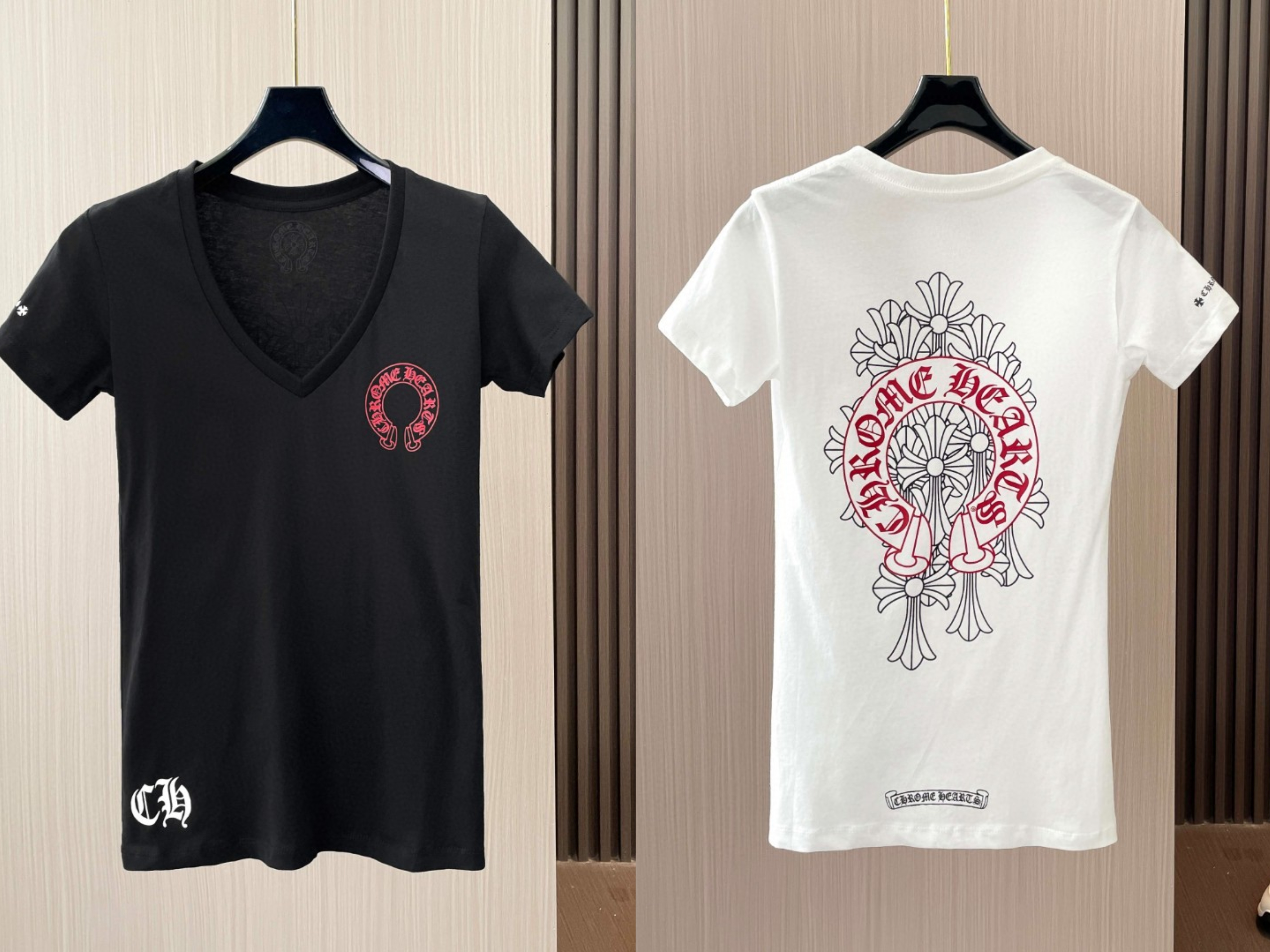 Chrome Hearts 克罗心 红马蹄叠影十字印花V领短袖 T恤 夏季 女款 黑色 白色 A2