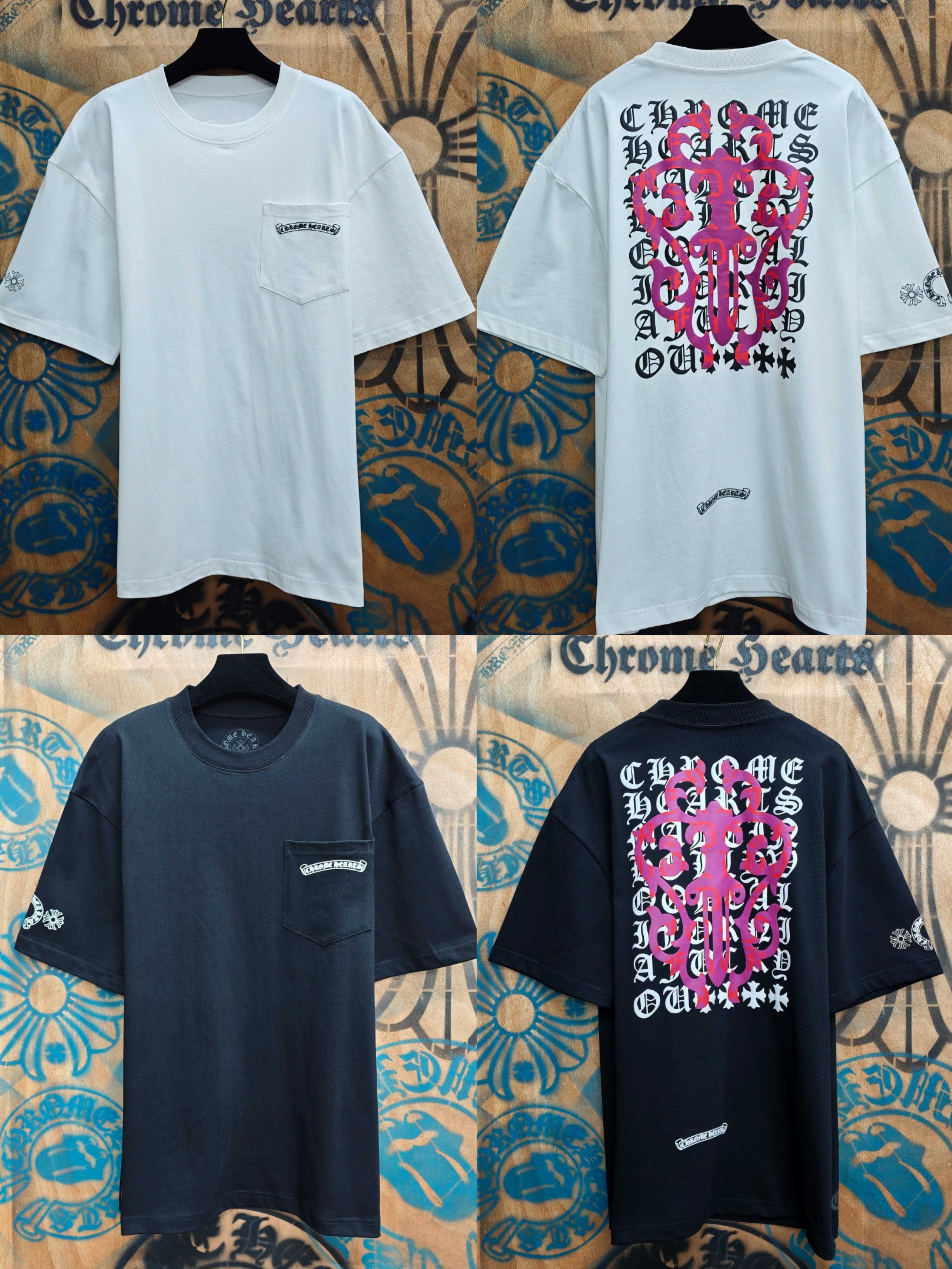 Chrome Hearts 克罗心 粉色宝剑梵文印花圆领短袖 T恤 白色 黑色 A0