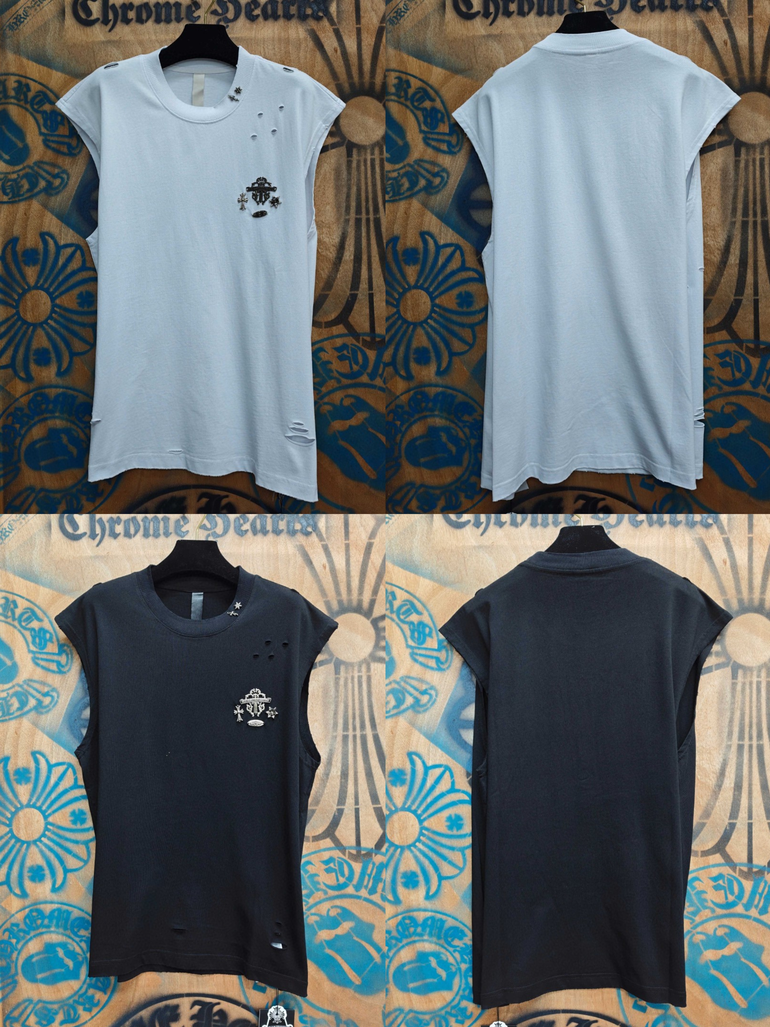 Chrome Hearts 克罗心 做旧破洞五金绣花圆领背心 短袖 T恤 白色 黑色 A0