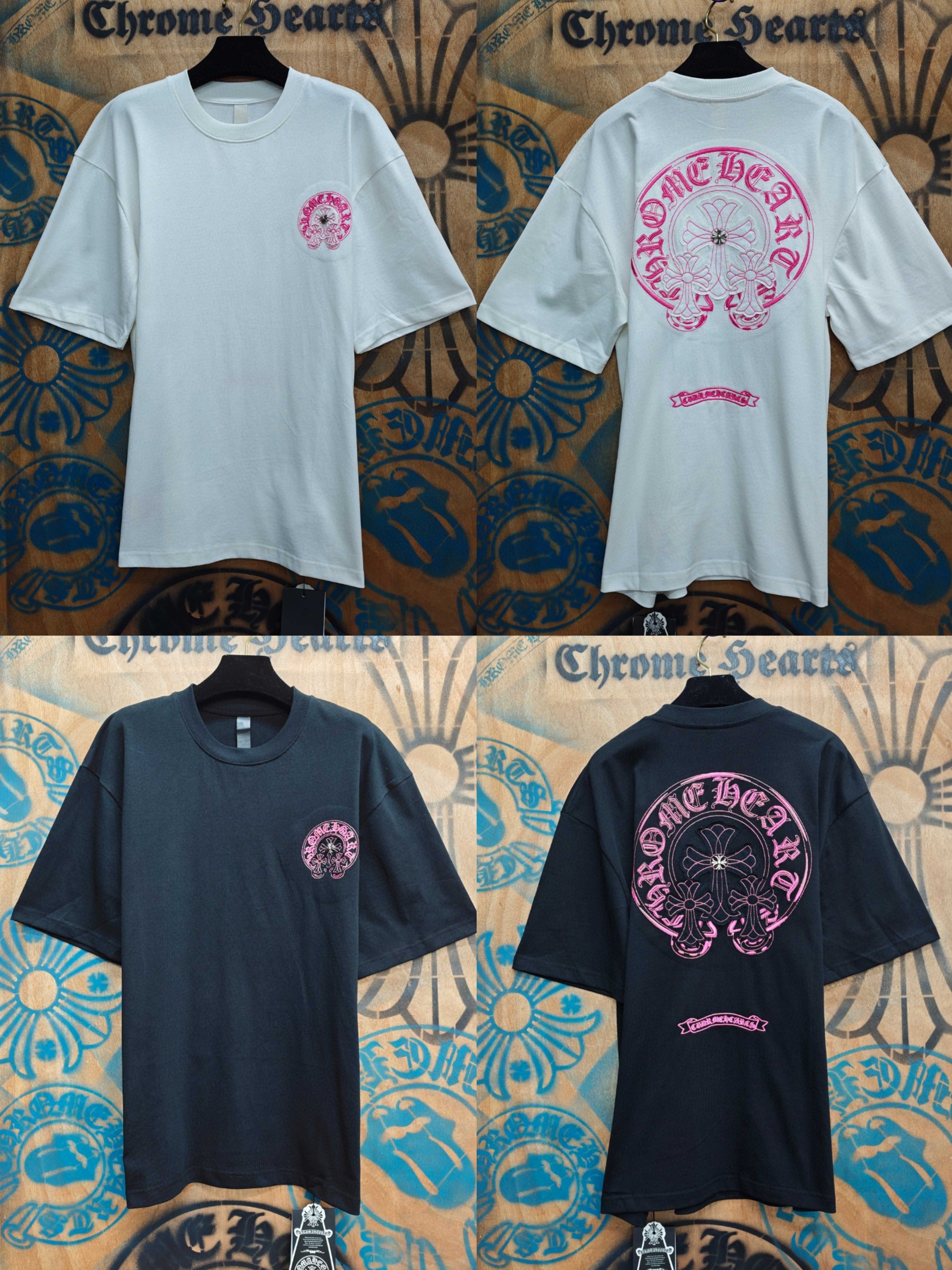 Chrome Hearts 克罗心 粉色马蹄立体绣花圆领短袖 T恤 白色 黑色 A0