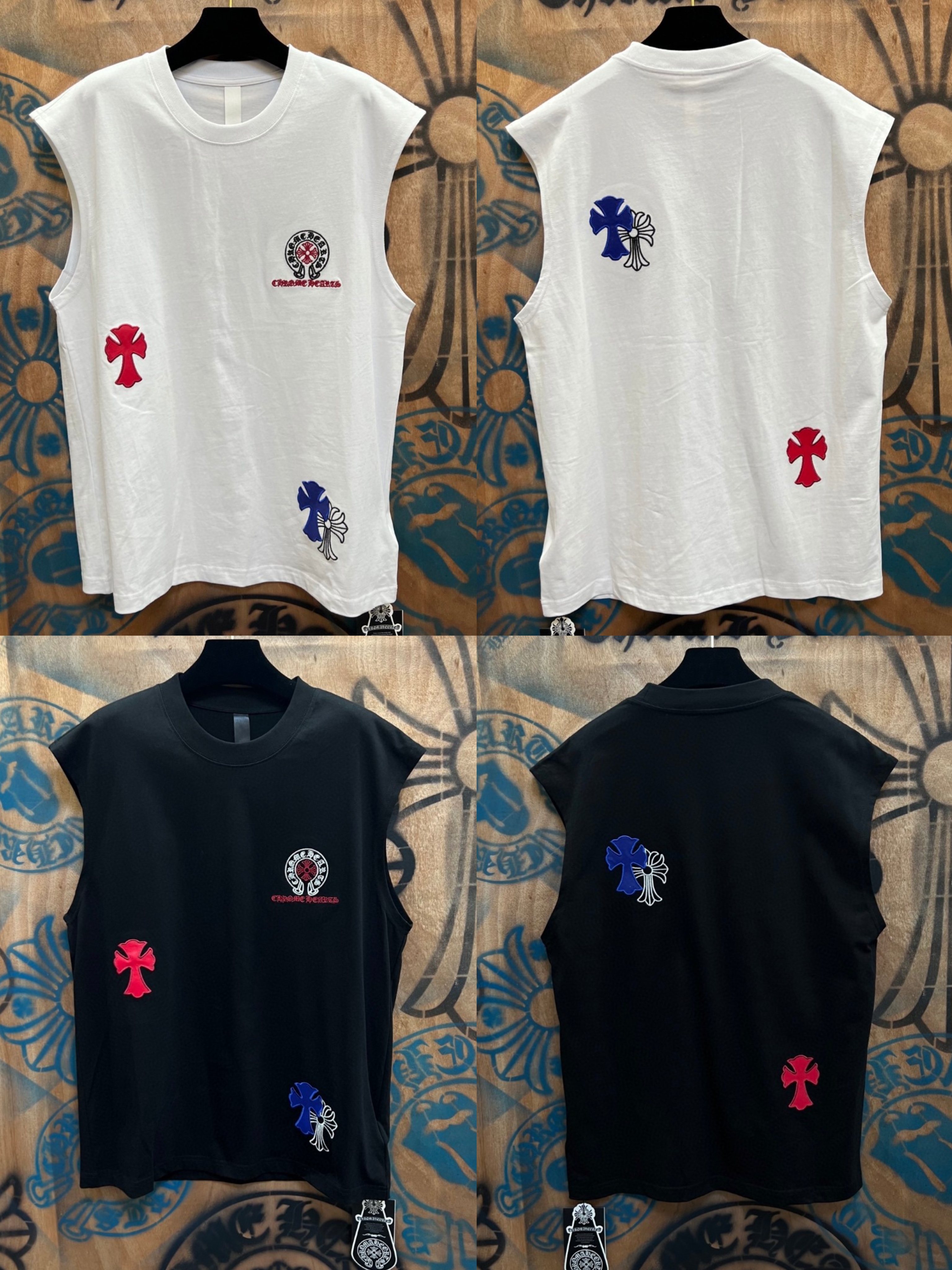 Chrome Hearts 克罗心 彩色马蹄十字架绣花圆领背心 短袖 T恤 白色 黑色 A0