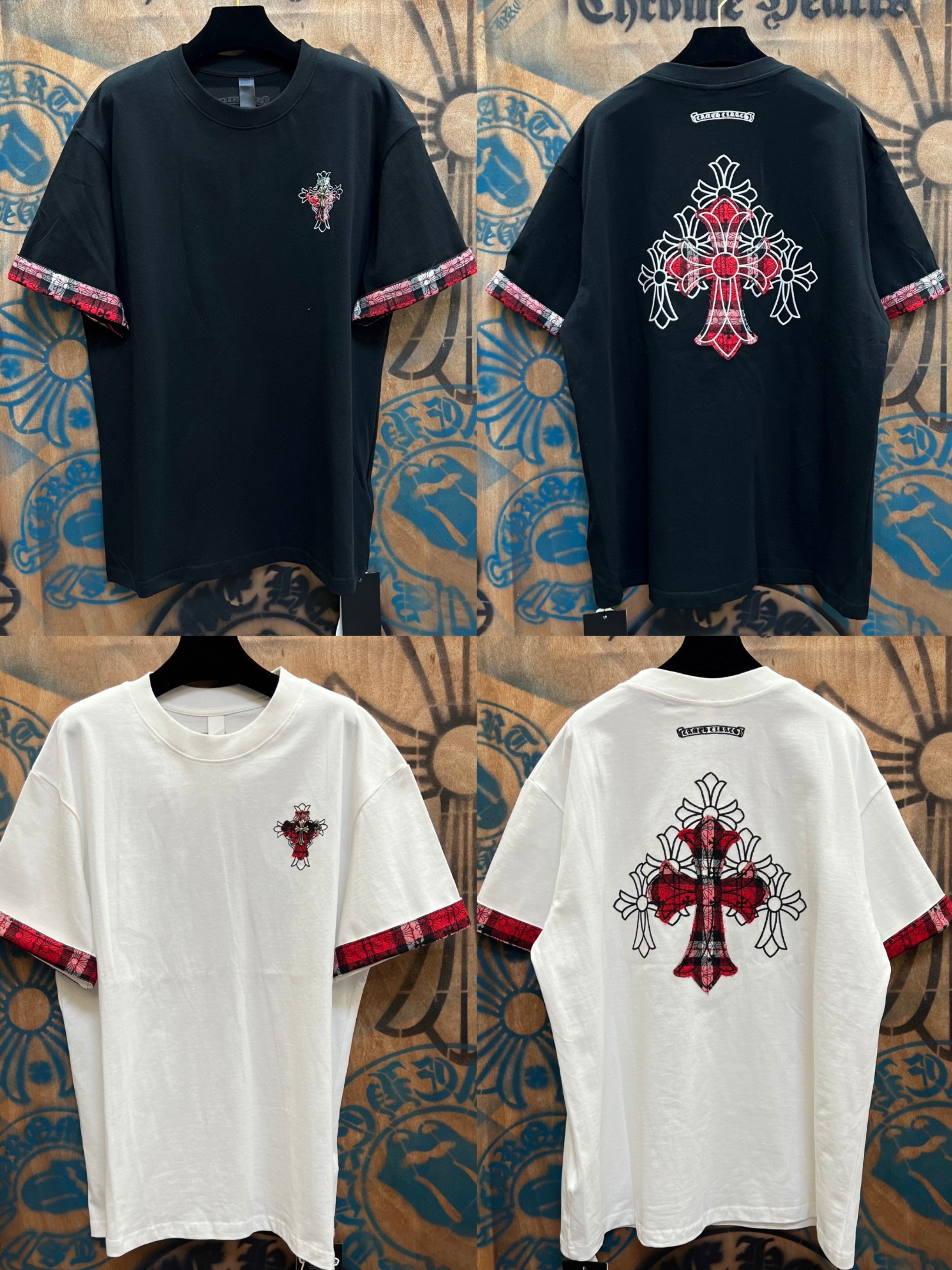 Chrome Hearts 克罗心 袖子拼接红色格纹十字架绣花圆领短袖 T恤 白色 黑色 A0
