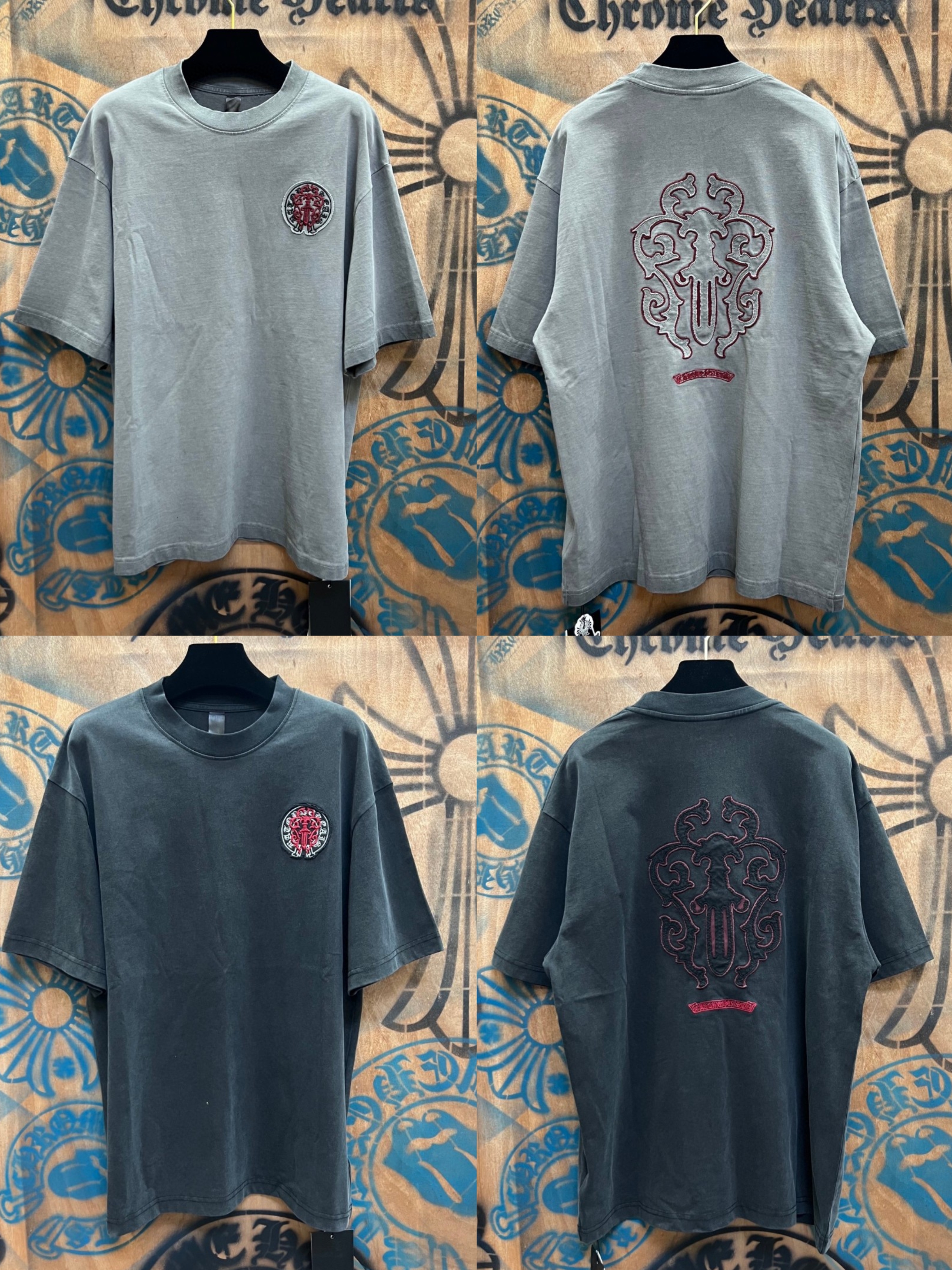 Chrome Hearts 克罗心 做旧红色宝剑绣花圆领短袖 T恤 灰色 黑色 A0