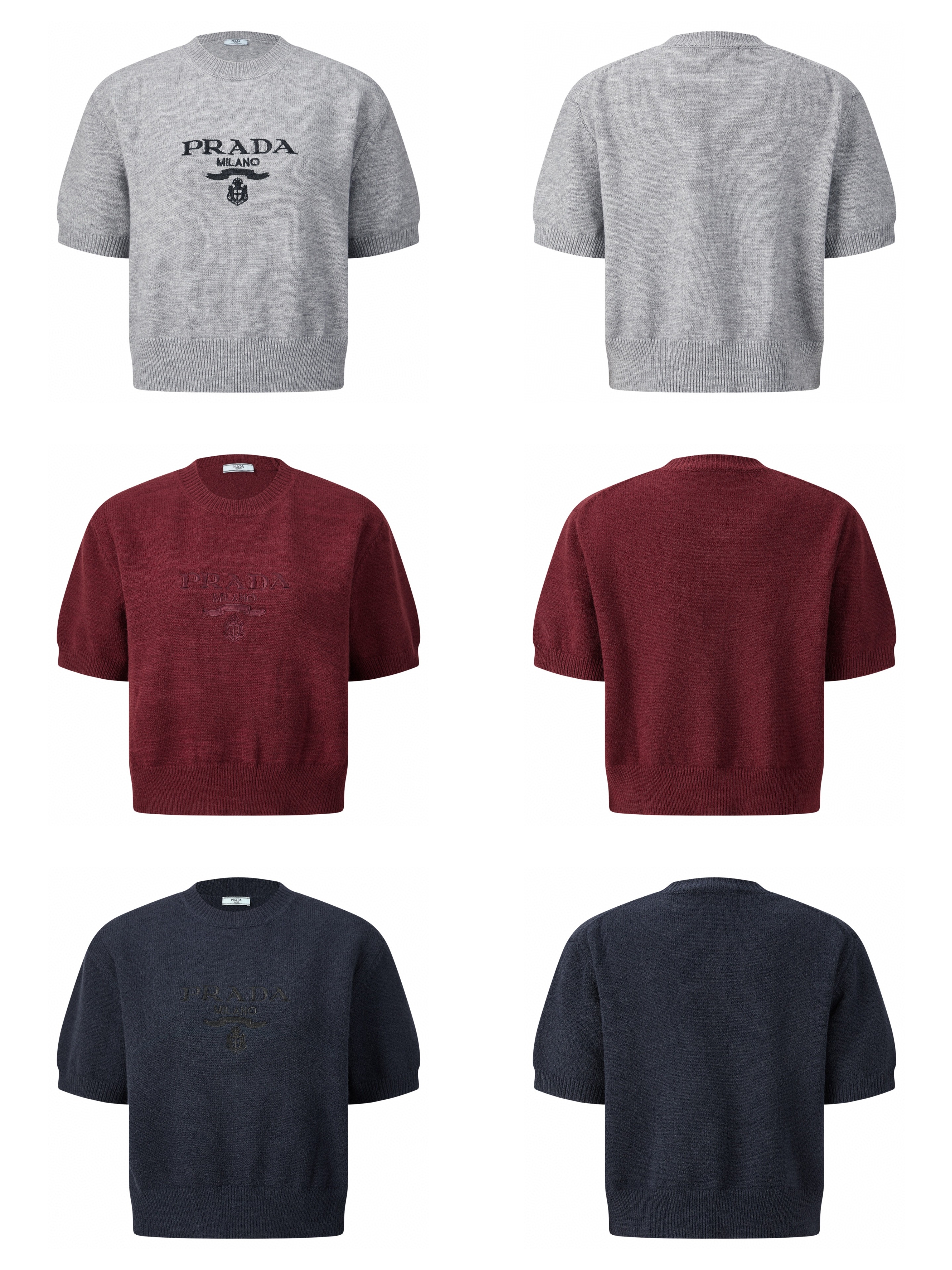PRADA 普拉达 经典刺绣标识针织衫 短袖 T恤 短款 女款 灰色 红色 海军蓝 A7 P24Z1U-13LY-F0008-S-231