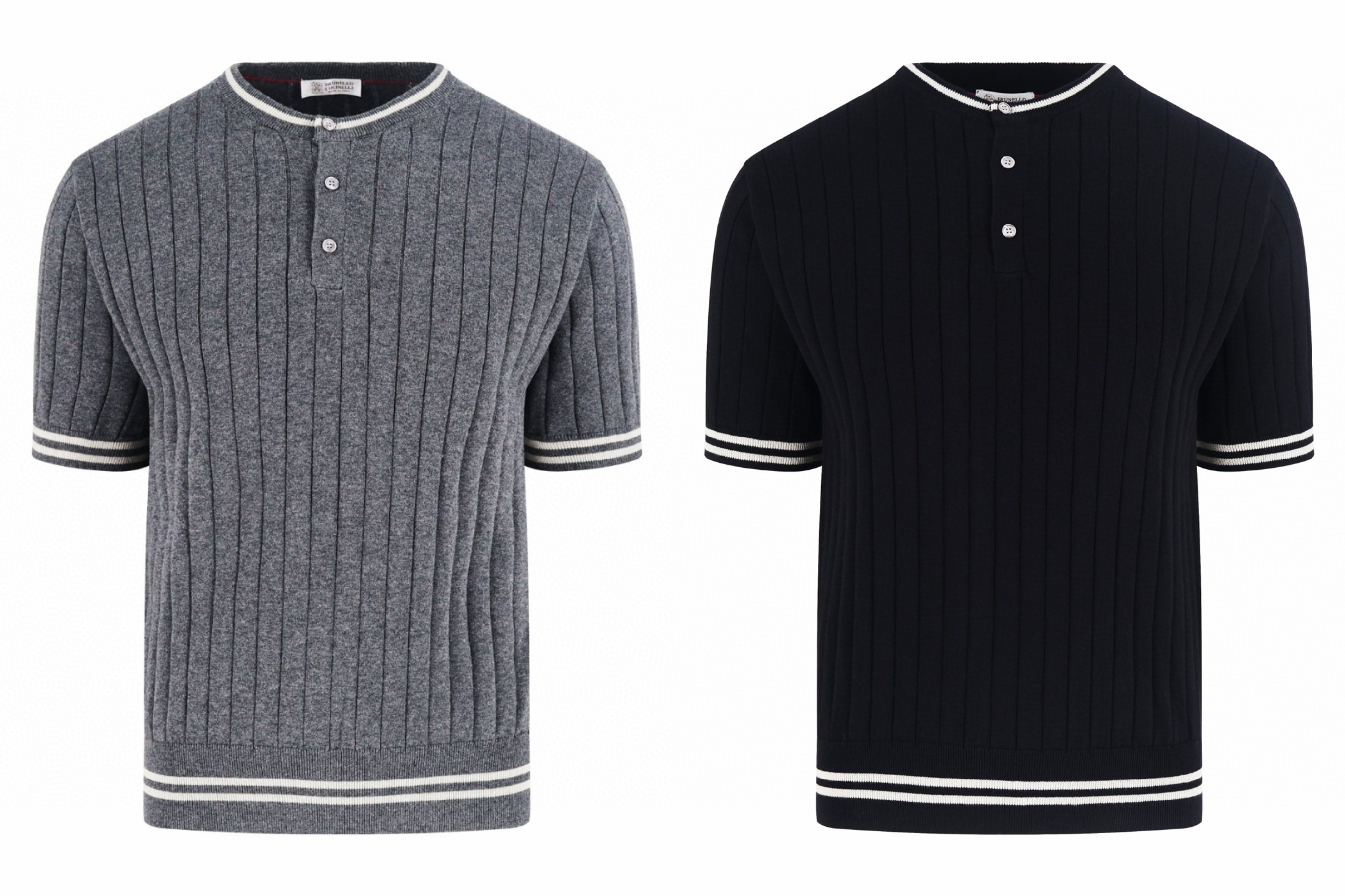 Brunello Cucinelli BC 绞花老钱风针织亨利领短袖 T恤 灰色 黑色 B0