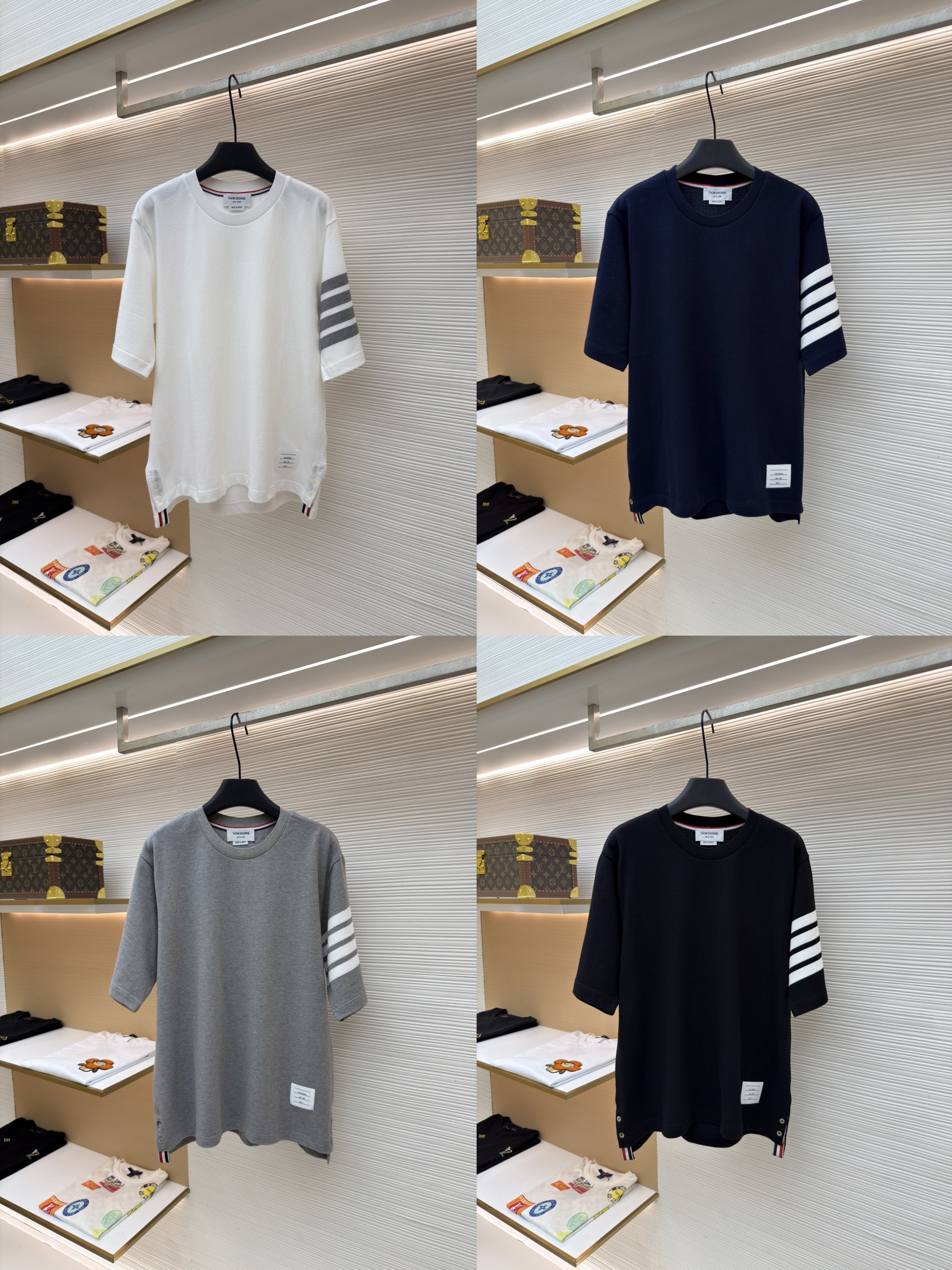 THOM BROWNE 珠地棉针织圆领短袖 T恤 黑色 藏蓝色 灰色 白色 A5 