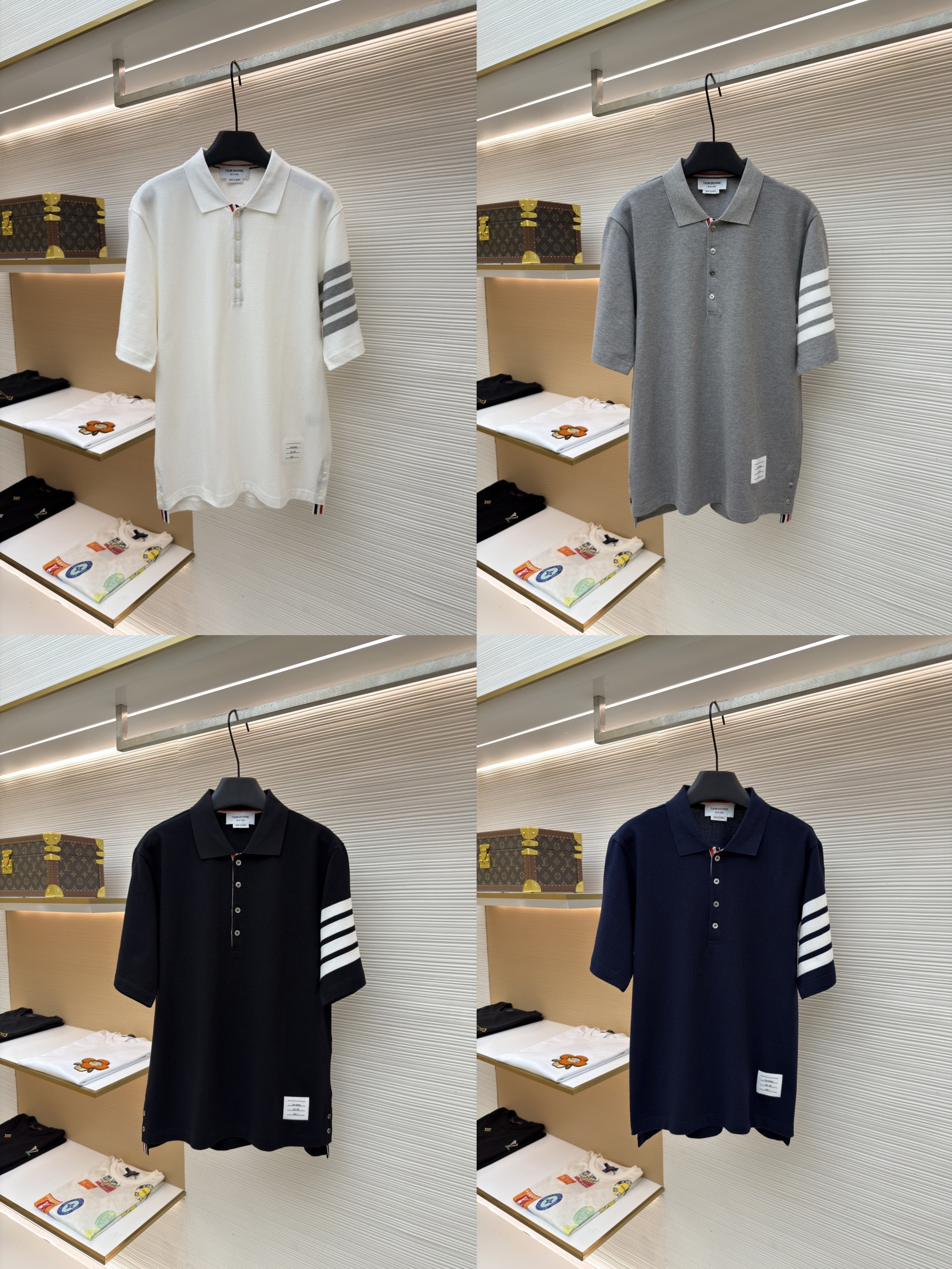 THOM BROWNE 珠地棉针织Polo衫 短袖 T恤 黑色 藏蓝色 灰色 白色 A5 