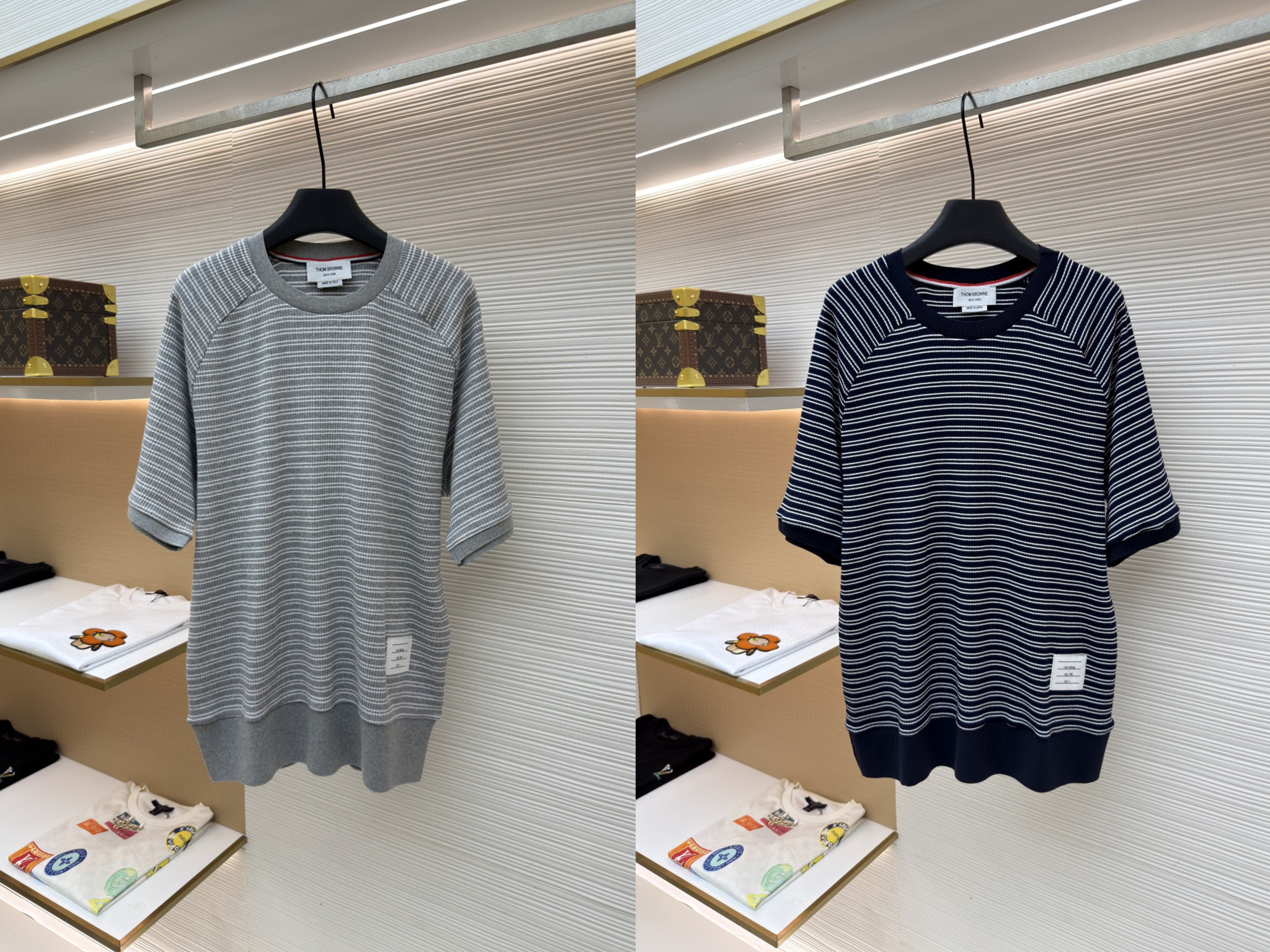 THOM BROWNE 线条条纹圆领短袖 T恤 藏蓝色 灰色 A5
