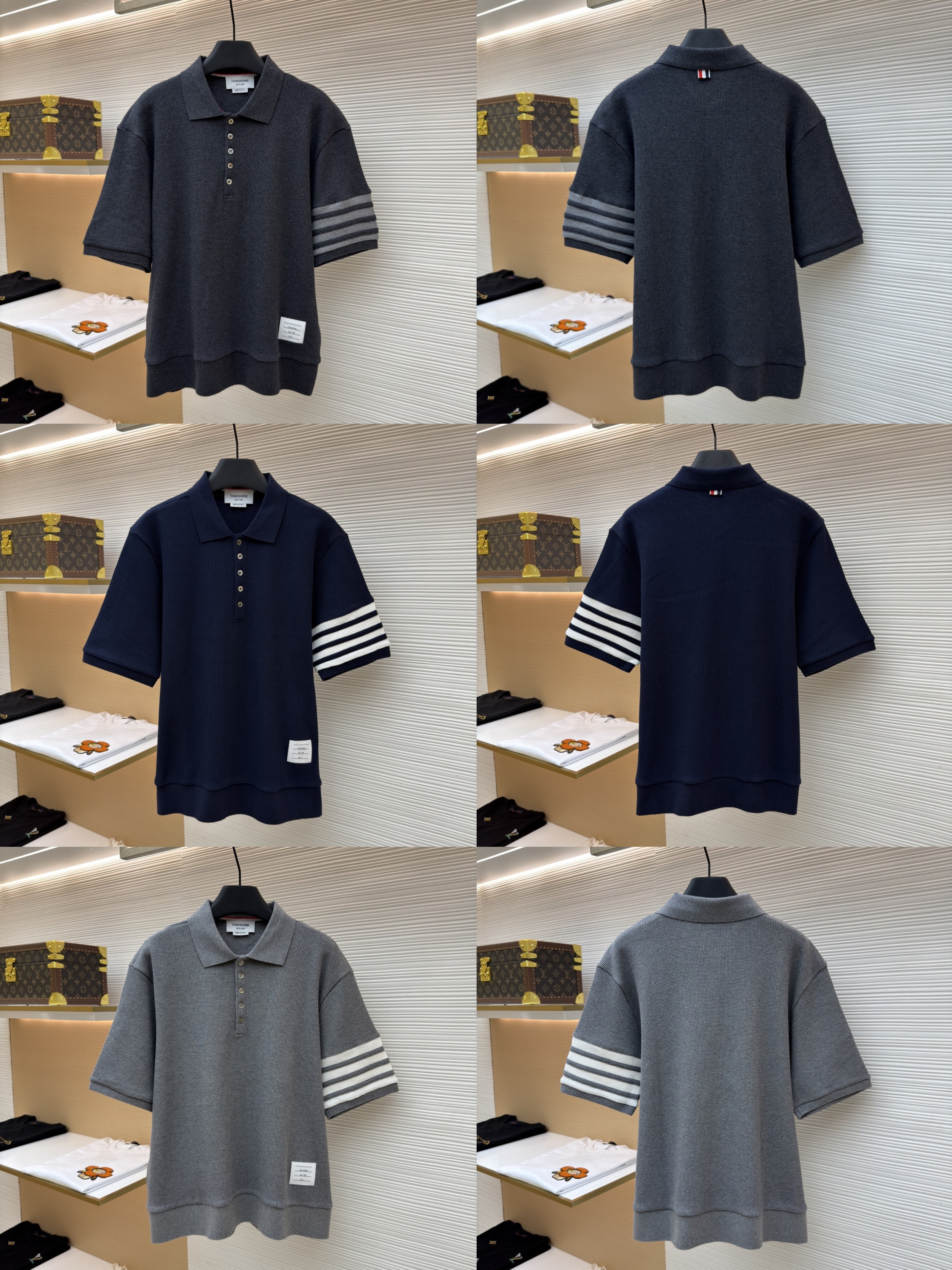 THOM BROWNE 华夫格针织Polo衫 短袖 T恤 深灰色 藏蓝色 灰色 B0 